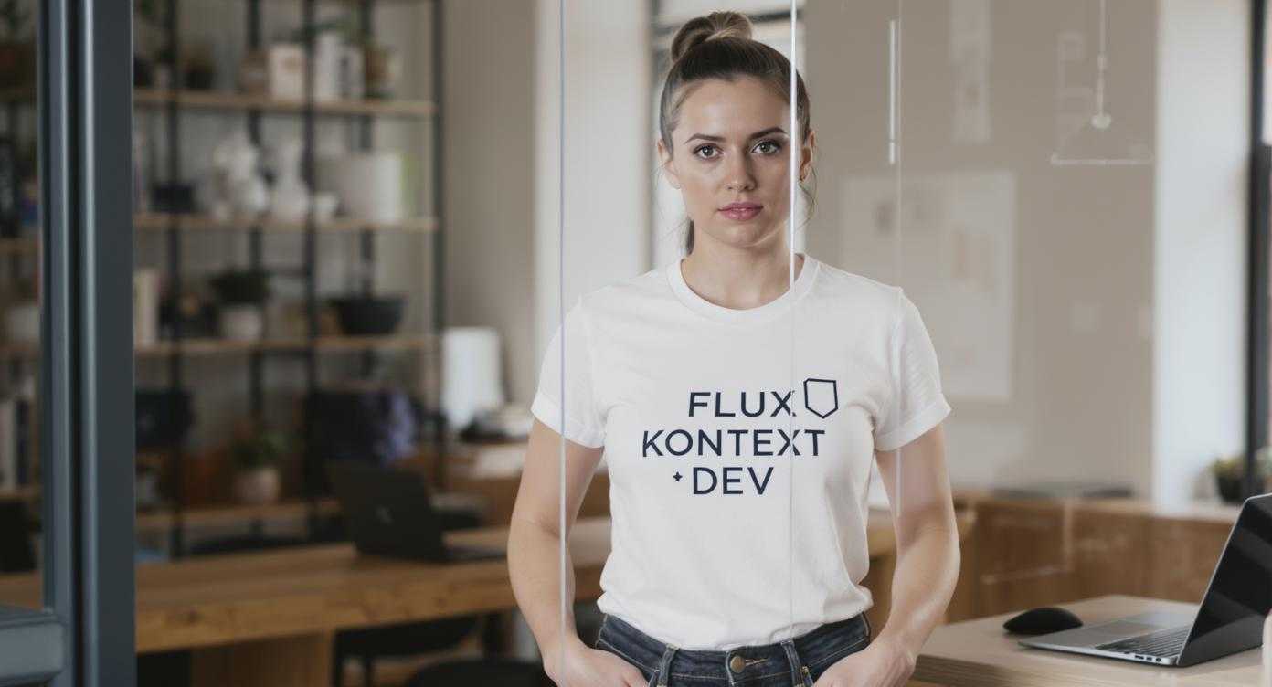 An image of a woman wearing a shirt that says FLUX KONTEXT DEV