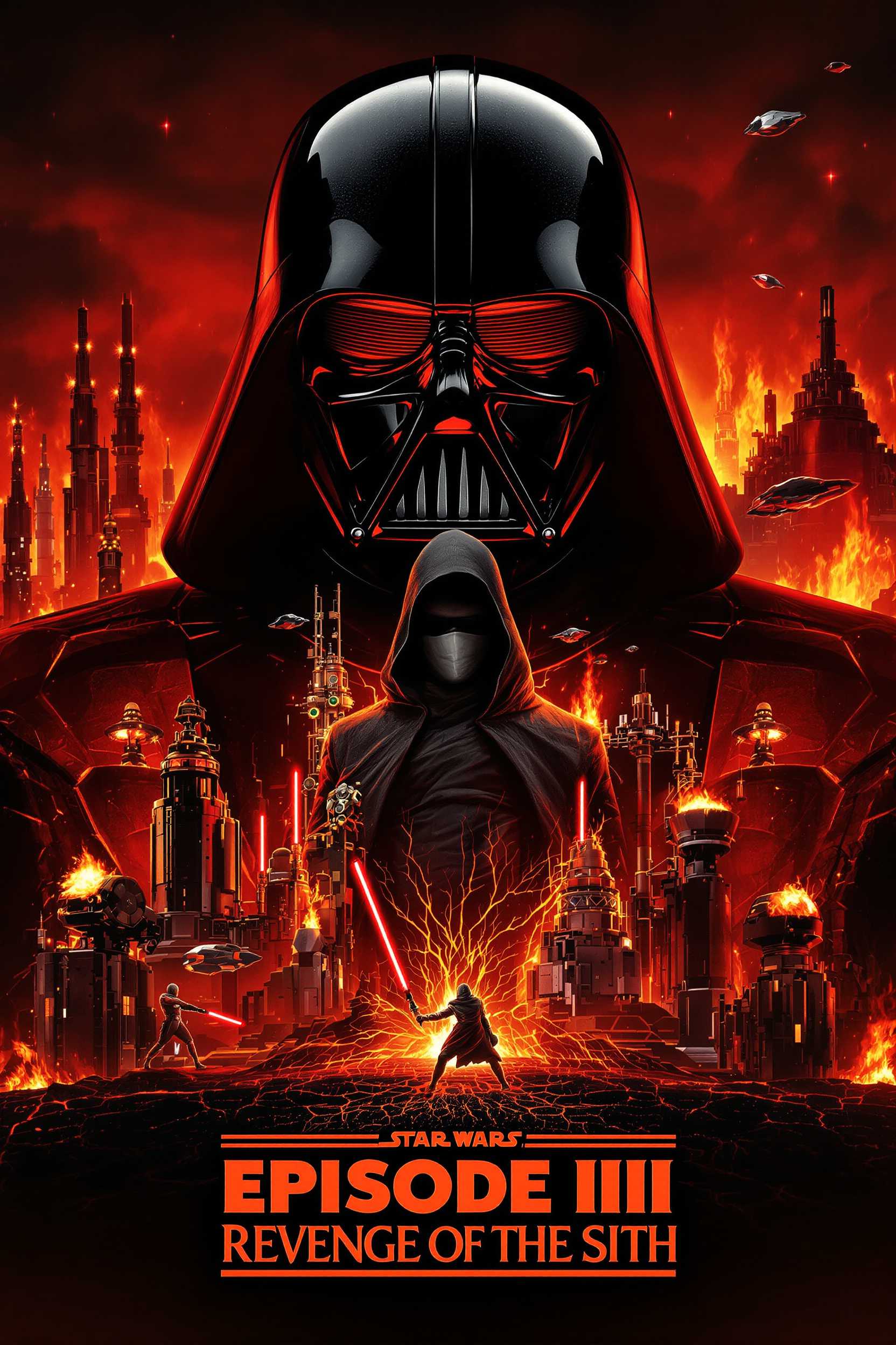 "Vertical cinematic poster replicating the dramatic style of Star Wars: Episode III – Revenge of the Sith 20th Anniversary, with a towering masked villain in glossy black armor dominating the top half of the poster, reflective helmet catching crimson light, a dark-robed warrior (hooded, intense gaze) stands centered below the helmet’s chin, rising out of glowing lava cracks on a volcanic industrial world, behind him are fiery sci-fi towers and burning skies, two lightsaber-wielding figures clash at the base of the image on a molten platform, space battles with star destroyers and explosions fill the background sky, bold retro-futuristic font for film title in pale yellow with red subtext, red cinematic glow lighting and deep shadows throughout, dramatic contrast, full image filled --v 7 --ar 2:3 --style raw --quality 2"
