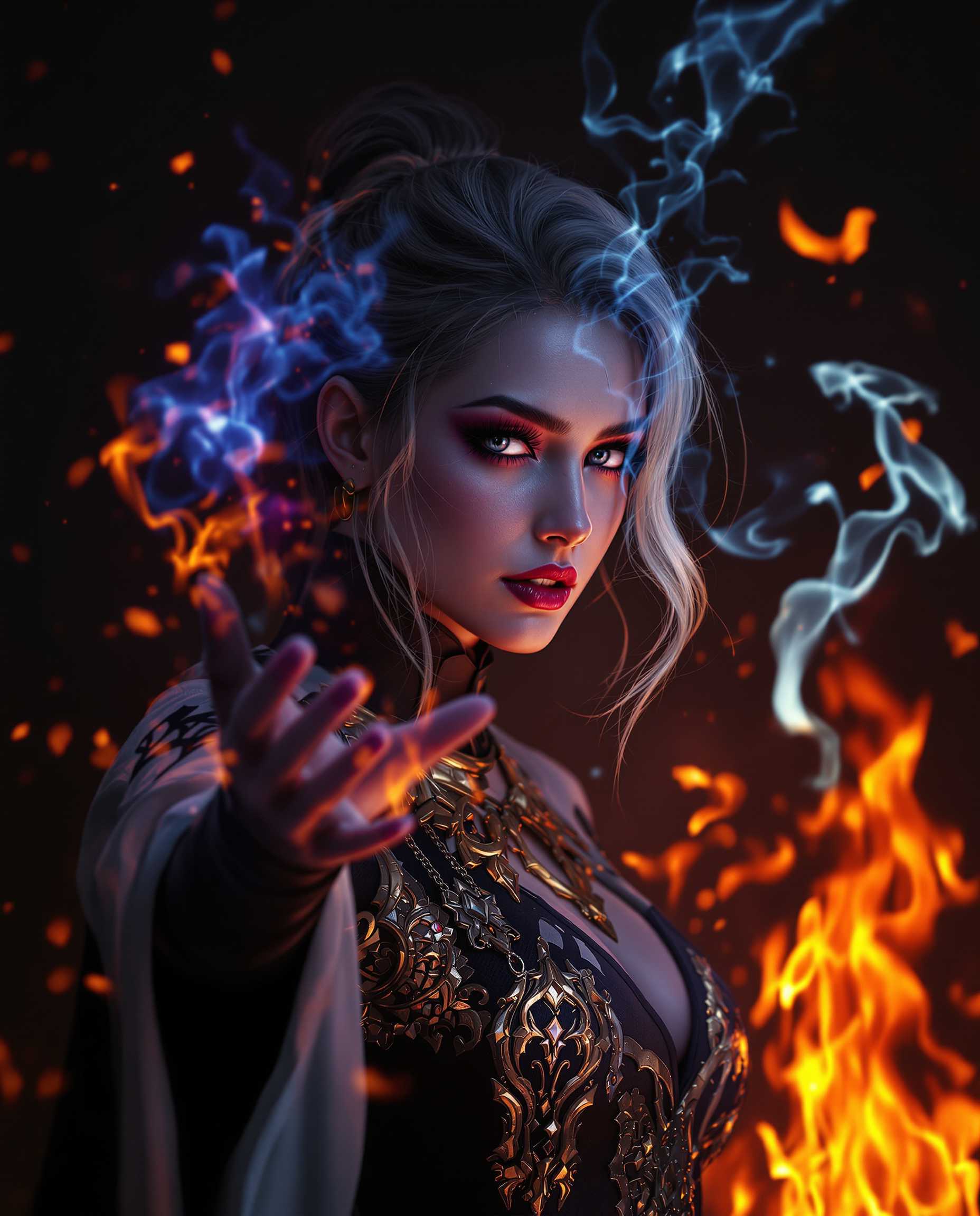 This image is a realistic photo (photograph) of a female real person richly detailed fantasy artwork that showcases a variety of artistic elements Composition The subject is placed offcenter to the right, which creates a dynamic tension and draws the viewers eye across the image. The use of negative space is masterful, with the dark, fiery background contrasting sharply with the lighter, cooler tones of the subject, emphasizing her as the focal point. The composition is balanced with a sense of depth, achieved through the layering of elements and the strategic placement of the subject in front of the flames. The perspective is slightly skewed, with the subjects hand and arm appearing elongated, which adds to the dramatic effect of the image.Lighting The lighting is dramatic and atmospheric, with a warm, fiery glow in the background that sets a fantasy and magical tone. The subject is illuminated from above, casting a soft light on her face and body, which creates a gentle contrast with the harsher light of the flames. The lighting accentuates the textures and details of the subjects attire and the magical energy she seems to be channeling. The play of light and shadow adds to the threedimensional quality of the image, giving the subject and the background a sense of volume and presence.Style The style is reminiscent of digital fantasy art, with a high level of detail and attention to texture and pattern. The use of vibrant colors and intricate designs gives the image a sense of otherworldliness and fantasy. The subject is styled in a way that suggests she might be a character from a video game or a comic book, with a mix of modern and fantasy elements in her costume. The overall style is cinematic, with a focus on creating a mood and a sense of narrative through visual storytelling.