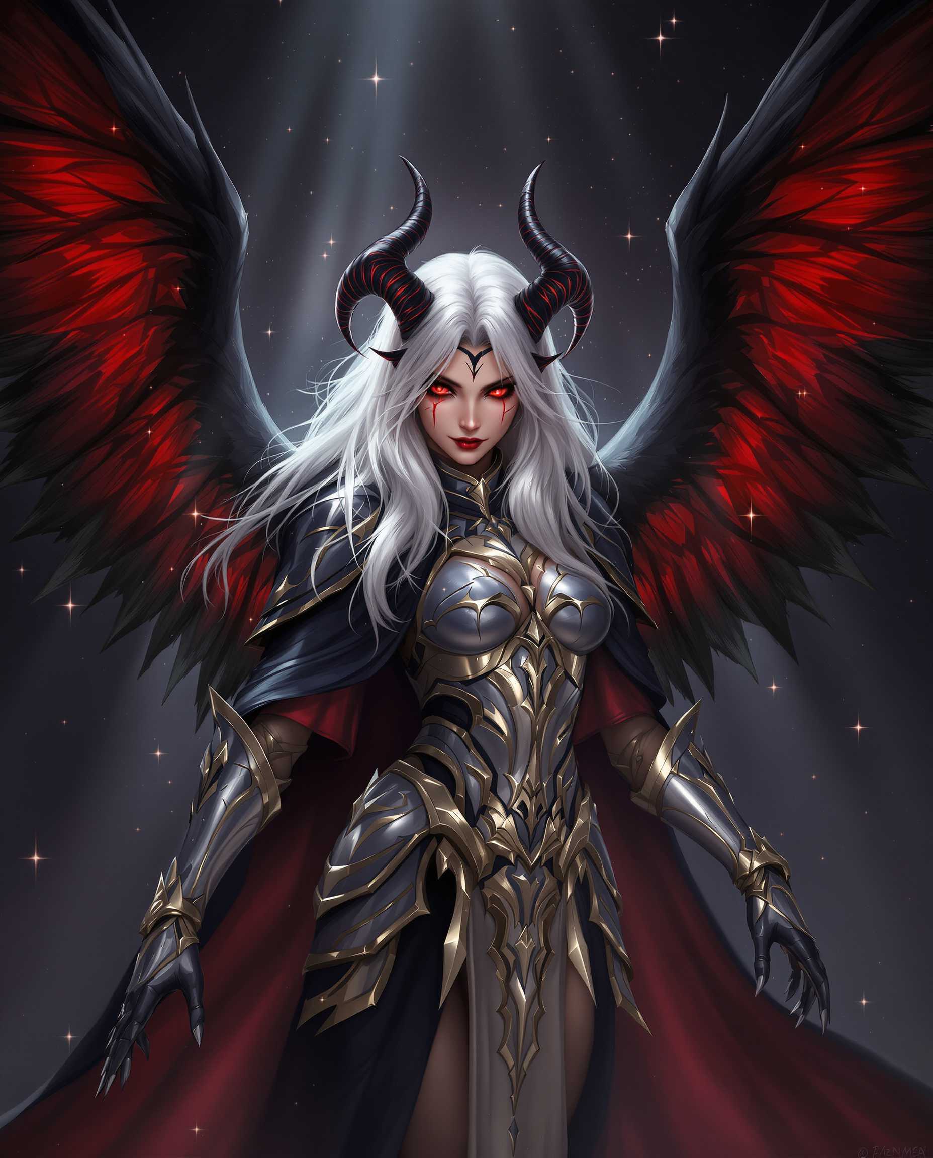 This image is a realistic photo (photograph) of a female real person digital artwork that features a female figure with a fantasy aesthetic. The art style is reminiscent of high fantasy, with a focus on detailed armor, wings, and a dramatic, almost cinematic quality. The medium appears to be a digital painting, given the smooth gradients and the lack of texture that one might find in traditional mediums.The colors in the image are rich and varied, with a dark, moody palette that is punctuated by vibrant reds and golds. The figure is clad in armor that is predominantly silver with gold trimmings, which gives it a regal and almost otherworldly appearance. The armor is adorned with intricate designs and patterns, and the figures attire includes a black and red cape that billows behind her.The figures hair is a long, flowing white that cascades down her back and shoulders, and it is adorned with a pair of hornlike protrusions that suggest a demonic or angelic nature. Her eyes are a piercing red, which adds to the intensity of her gaze and the overall menacing aura she exudes.She has large, expansive wings that are a mix of black and red, with a translucent quality that allows light to filter through, casting a glow on her skin and the surrounding area. The wings are detailed with featherlike patterns and are spread wide, giving the figure a sense of power and majesty.The background of the image is dark and starry, with rays of light piercing through, creating a contrast that highlights the figure and adds to the dramatic effect. There are also small, sparkling particles floating around, which contribute to the overall sense of magic and fantasy.Overall, the image is a powerful and evocative depiction of a fantasy character, rich in detail and color, and designed to capture the imagination and convey a sense of otherworldly grandeur.