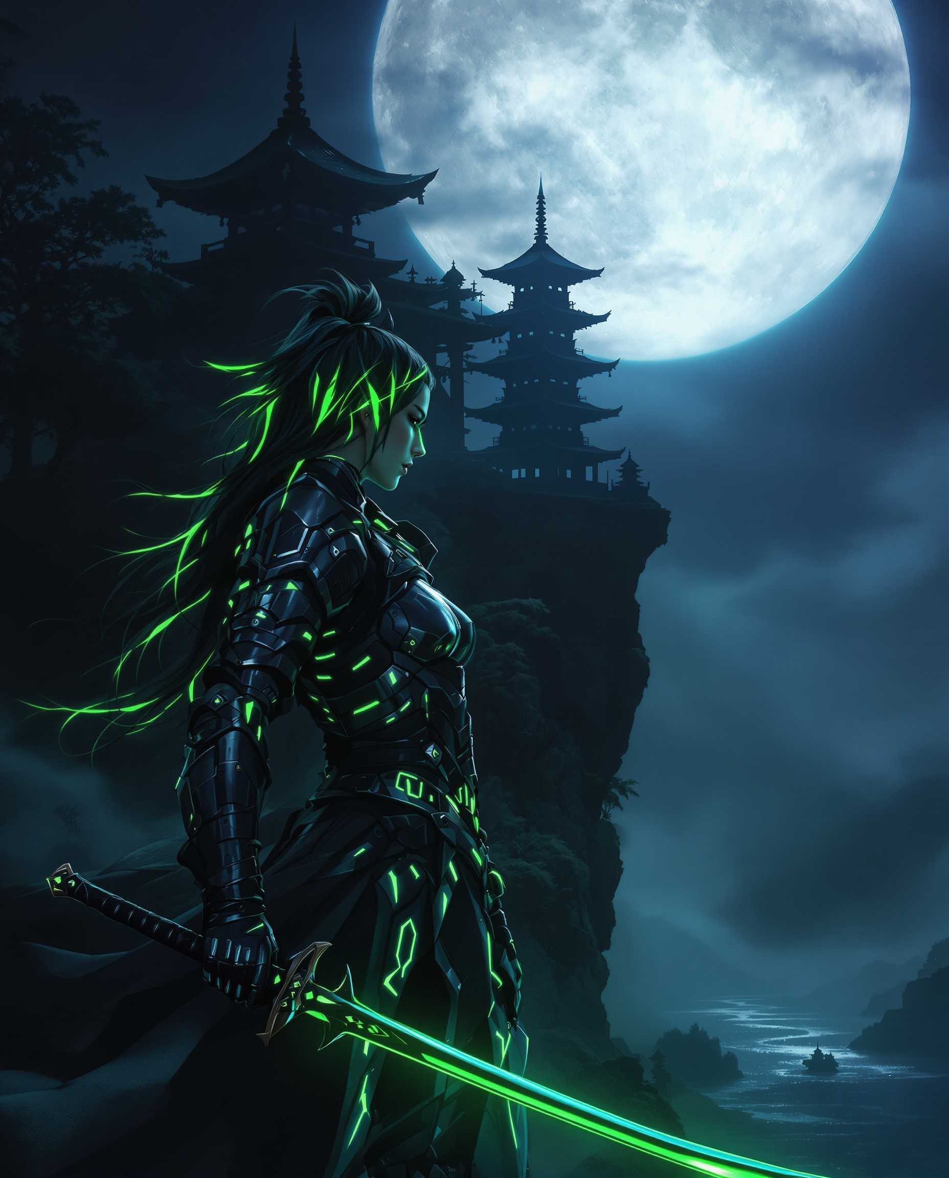 This is a realistic photo (photograph) of a female real person intricate and atmospheric digital artwork that features a central figure, a female warrior, set against a dark, moonlit landscape. The art style is realistic with a blend of fantasy elements, characterized by its detailed line work, smooth shading, and vibrant colors.The medium appears to be a digital painting, given the smooth blending of colors and the lack of texture that might be present in a traditional painting. The use of lighting and shadow is masterful, creating a sense of depth and drama in the scene.The colors are rich and varied, with a predominance of dark blues, blacks, and greys that give the image a moody and mysterious feel. The warriors hair and armor are highlighted with streaks of green, which stands out against the dark background and adds a touch of otherworldliness to the scene. The green also seems to glow, suggesting a magical or technological aspect to the character.The objects in the image are numerous and contribute to the overall narrative. The warrior is dressed in a detailed, armored outfit with glowing green accents, suggesting advanced technology or enchanted materials. She wields a sword with a green blade, which matches the glow of her hair and armor. The sword has a katanalike design, with a curved blade and a hilt that seems to be made of the same material as her armor.In the background, there is a large, full moon casting a soft glow over the scene, illuminating the silhouette of a traditional Japanese pagoda. The pagoda is perched on a cliff overlooking a dark, misty landscape, with the outlines of buildings and trees barely visible. The moonlight reflects off the water, creating a shimmering effect that adds to the mystique of the scene.The overall effect is one of a dark, otherworldly fantasy, with a touch of technology and magic, all brought to life with exquisite detail and a masterful use of light and shadow.