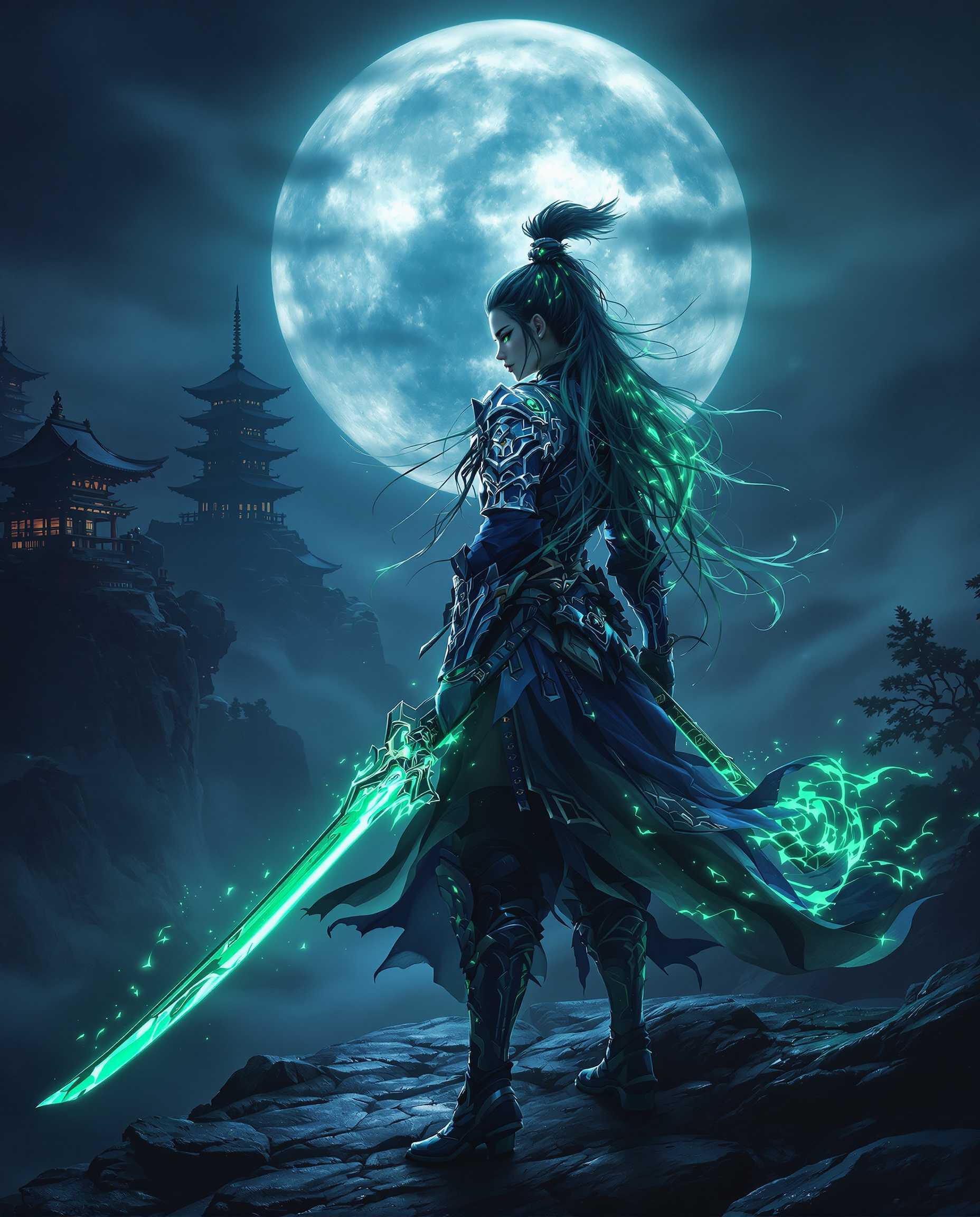 A breathtaking digital painting of a fierce female warrior, standing boldly in a dark, moonlit landscape with a mysterious, moody atmosphere. Her intricate armor and katana-like sword glow with ethereal green accents, contrasting the deep blues, blacks, and greys of the scene, while her hair shimmers with the same otherworldly hue. Under a full moon, a traditional Japanese pagoda looms on a cliff, its silhouette reflected in misty waters below, enhanced by cinematic lighting and 8K detail.
