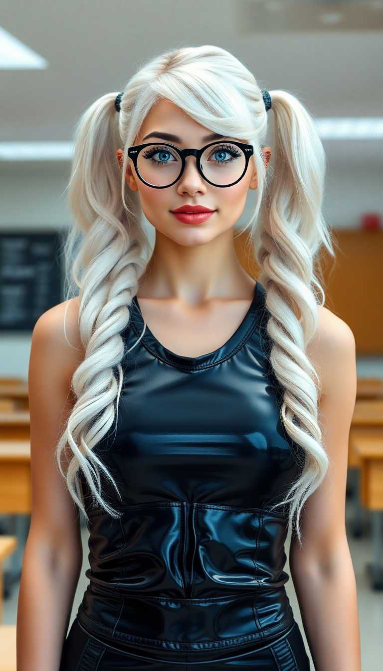 A striking woman in her early 20s, with mesmerizing sky-blue eyes and black-rimmed circular glasses, stands confidently in a college classroom. her stark white hair cascading in long, voluminous pigtails down her back. She wears a shimmering black latex cheerleader uniform, exuding bold allure. Captured in a high-fashion DSLR photo with a 50mm lens, cinematic lighting, shallow depth of field, and breathtaking 8K detail.