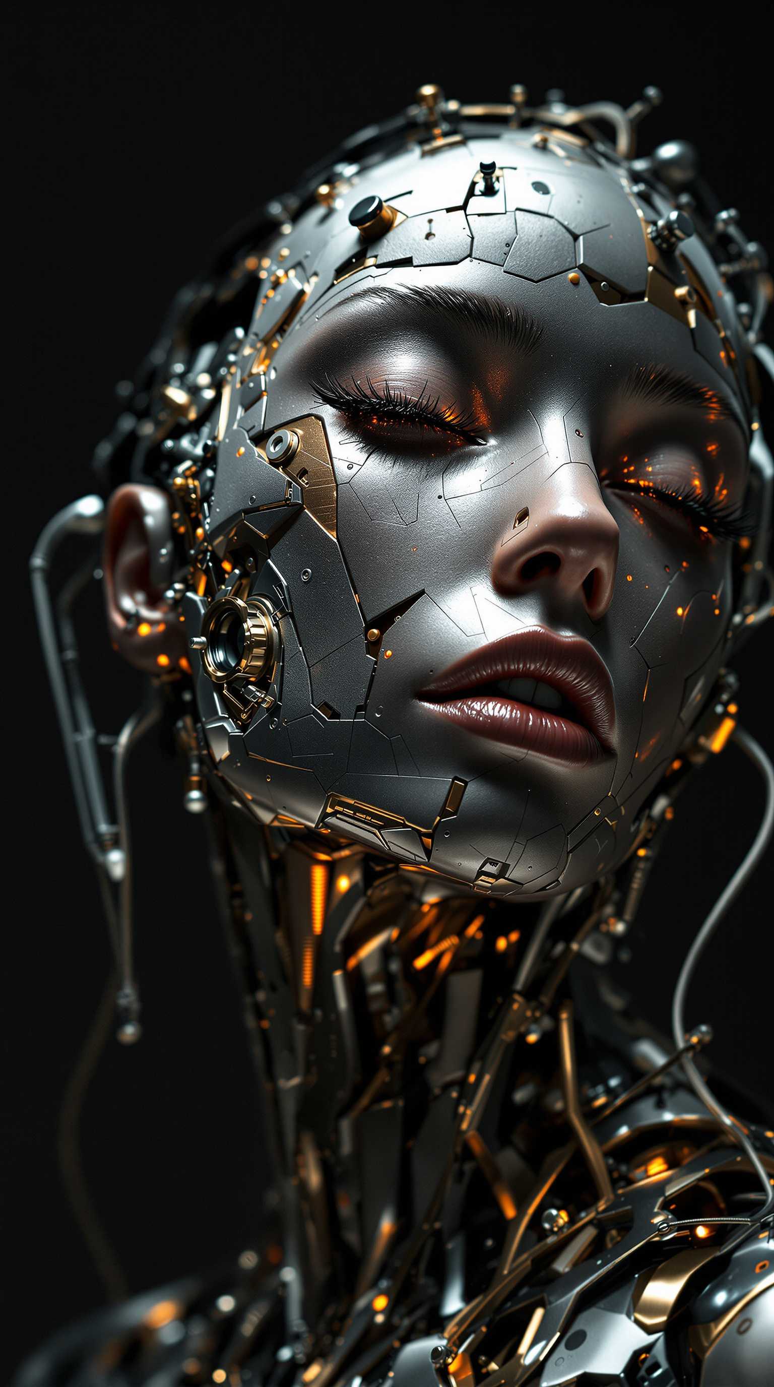 A striking fusion of organic and mechanical perfection, the full-body cyborg woman emerges as a mesmerizing symphony of artistry and precision. Her form is a breathtaking collage—an intricate dance between geometric abstraction and cubist distortions, evoking the surreal craftsmanship of Jan Švankmajer. Every metallic contour, every synthetic joint, pulses with life, illuminated by an exquisite interplay of light and shadow.
Her presence is bold yet haunting, captured with hyperrealistic detail in a stunning homage to the visionary strokes of Enki Bilal. The textures gleam under the studio lights—metal, ceramic, and bio-synthetic skin converging in a divine masterpiece, each element an extension of futuristic elegance. The composition is luscious and mesmeric, luring the viewer into an irresistible dreamscape where technology and humanity blur.
As the lens zooms in, the macro photography of Miki Asai unveils the hyper-detailed intricacies—a whispered testament to the sharp craftsmanship defining each rivet, each delicate imperfection. The entire image resonates with an ethereal, almost hypnotic quality, capturing a sense of raw emotion infused within steel. Trending across ArtStation, its impact is undeniable—a glorious vision of transcendence, elegance, and cybernetic allure.
