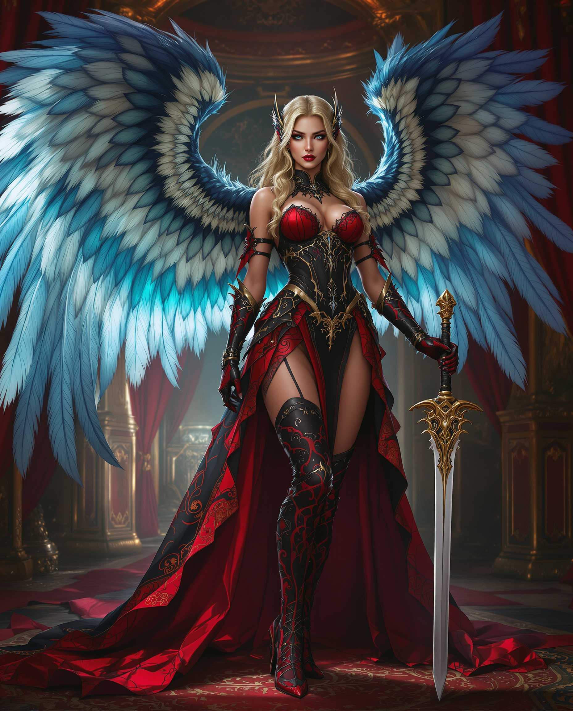 A highly detailed digital painting of a striking female character with a commanding presence, captured in a photorealistic style that emphasizes lifelike textures and three-dimensional depth. She wears an opulent fantasy costume in red and black with gold accents, featuring intricate lace, embroidery, and armor-like details, complemented by matching gloves, boots, and a sword with an ornate golden hilt, while her expansive blue-gradient feathered wings spread ethereally behind her. The dramatic scene is set in a luxurious gothic-baroque interior with rich reds, golds, and blues, enhanced by cinematic lighting that casts deep shadows and vivid highlights.