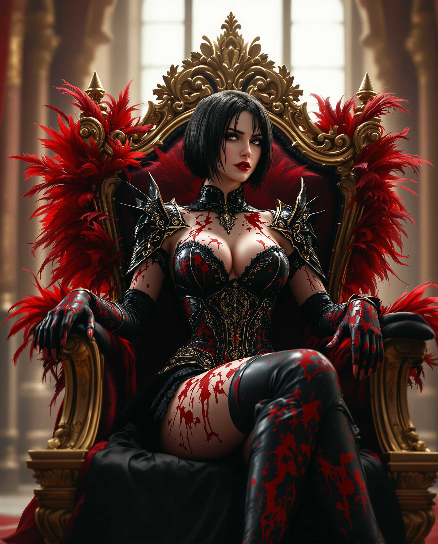This image is a realistic photo (photograph) of a female real person digital artwork that presents a figure seated on an ornate, gilded throne. The throne itself is richly detailed with intricate carvings and scrollwork, and its adorned with red feathers that cascade down its backrest and armrests. The throne is placed in a room with high, arched ceilings and large windows that allow a soft, diffused light to filter in, casting a warm glow on the scene. The figure is clad in a black and red outfit that features elaborate armorlike designs with a gothic influence. The armor is detailed with lacelike patterns and has a bloodlike red splatter design that gives the impression of battle damage or a dramatic effect. The figures attire includes a corset style bodice with a plunging neckline, a fitted black skirt, and thigh high boots that are similarly adorned with the red splatter pattern. The figures hair is short and dark, with a few strands falling around the face, and the hair appears to be wet or slicked back, giving it a glossy finish. The figures expression is neutral, with a slight frown and a gaze directed away from the viewer, which, along with the overall posture, conveys a sense of regal composure or contemplation. The art style is highly stylized and appears to be a blend of fantasy and gothic elements, with a focus on dramatic lighting and shadow to create a sense of depth and drama. The medium seems to be a digital rendering, given the smooth gradients and seamless blending of colors and textures. The colors in the image are rich and vibrant, with deep reds, blacks, and golds creating a striking contrast. The reds are particularly prominent, from the throne feathers to the armor splatters, and they stand out against the dark tones of the figures clothing and the golden accents of the throne. Overall, the image exudes a sense of power, mystery, and regal elegance, with a strong emphasis on the dramatic interplay of light and shadow, and a detailed attention to the textures and patterns of the clothing and throne.
