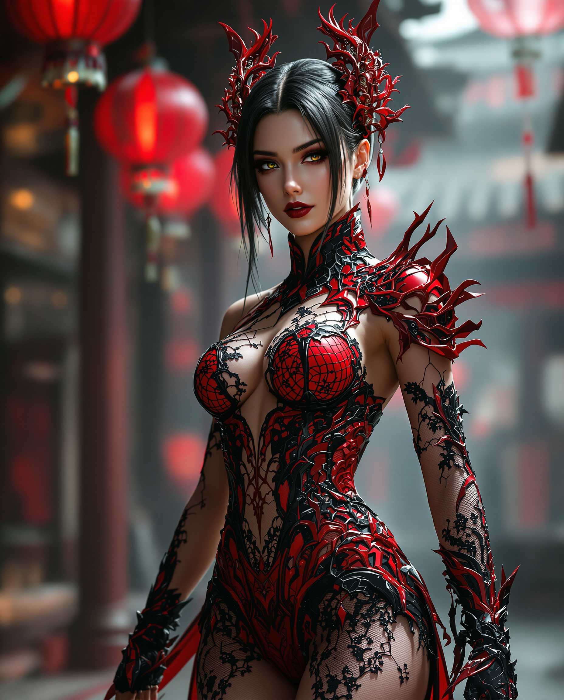 This image is a realistic photo (photograph) of a female real person digital artwork that showcases a character with a striking red and black color scheme. The character is wearing a detailed costume that features intricate lace and weblike patterns, predominantly in red with black accents. The costume has a formfitting design that highlights the characters muscular build, with lace details that add texture and dimension. The art style is highly stylized and appears to be a blend of fantasy and gothic elements. The lighting in the image is dramatic, with a focus on the character and the costume, creating a sense of depth and highlighting the textures and patterns. The background is slightly blurred, with hints of a traditional or possibly futuristic setting, with red lanterns and what appears to be a wooden structure.The medium of the artwork is digital, as evidenced by the smooth gradients and seamless blending of colors. The colors used are vibrant and saturated, with a strong emphasis on reds and blacks, which give the image a bold and dramatic feel. The reds range from bright crimson to deep maroon, while the blacks are deep and rich, providing a stark contrast that emphasizes the character and costume.Objects in the image include the characters costume, which is the focal point, and the blurred background elements, which suggest a setting or environment. The red lanterns add a cultural or festive touch, possibly indicating a celebration or a specific event. The wooden structure in the background gives a sense of an outdoor or traditional setting, which complements the characters costume.Overall, the image exudes a sense of fantasy, drama, and style, with a strong emphasis on the character and their costume. The digital art medium and the use of vibrant colors and dramatic lighting contribute to the overall aesthetic of the piece.