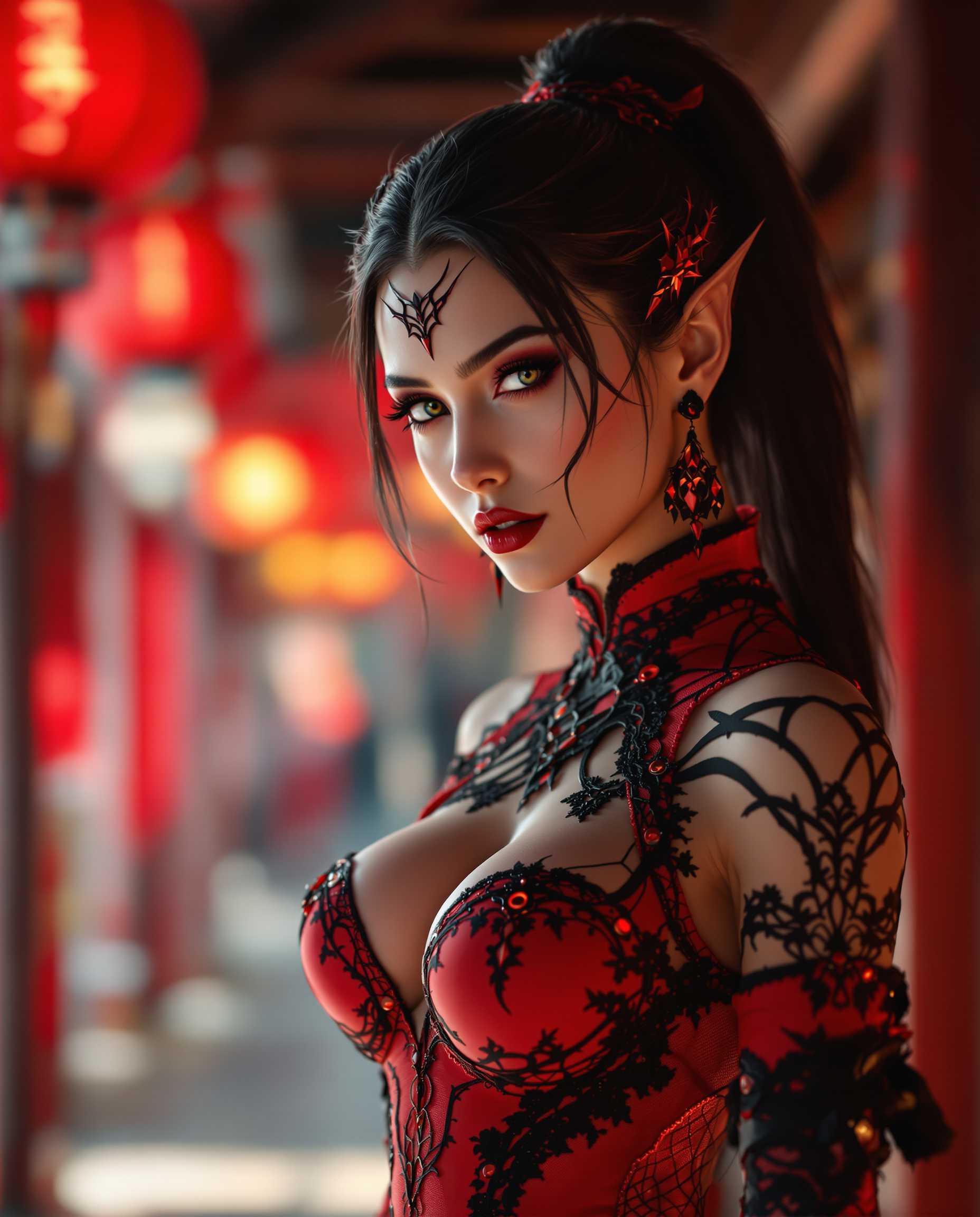 A stunning digital photograph of a female character in a striking red and black costume, blending fantasy and gothic elements with a highly stylized aesthetic. The formfitting outfit features intricate lace and weblike patterns, showcasing the character's muscular build, illuminated by dramatic cinematic lighting that enhances texture and depth in 8K detail, captured with a 50mm lens and shallow depth of field. The slightly blurred background hints at a traditional yet futuristic setting with red lanterns and wooden structures, enriching the bold, vibrant crimson and deep maroon color palette against rich black accents.