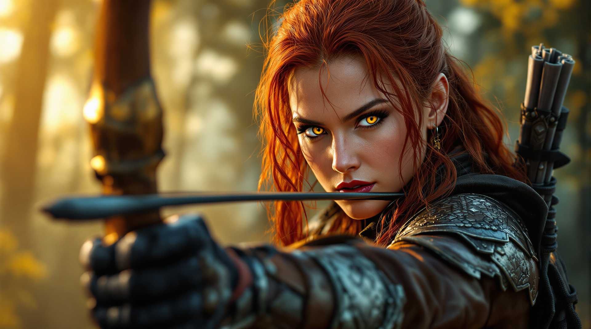 A stunning 8K PC wallpaper featuring a fierce red-haired archer with striking yellow eyes, intently aiming her bow with precision. She stands in a misty forest at dawn, with soft golden sunlight filtering through the trees, casting cinematic lighting across her detailed leather armor and intricate bow. Captured as a hyper-realistic digital painting with meticulous textures, vibrant color depth, and a subtle bokeh background, this image exudes intensity and focus.