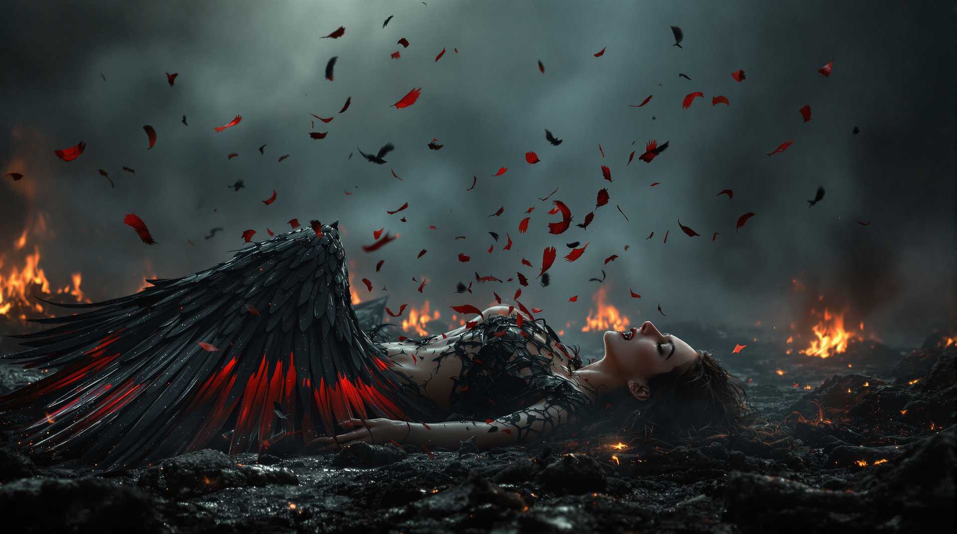 A highly detailed 8K wallpaper of a fallen angel, a female figure screaming in agonizing pain, collapsed on the scorched earth, her black and red wings crumbling into tattered fragments. Feathers drift hauntingly through the smoky, dark-themed atmosphere, illuminated by faint, eerie embers, while burnt bodies lie scattered across the desolate background. The scene is captured with cinematic lighting, sharp textures, and a dramatic, somber color palette, evoking raw emotion and despair.