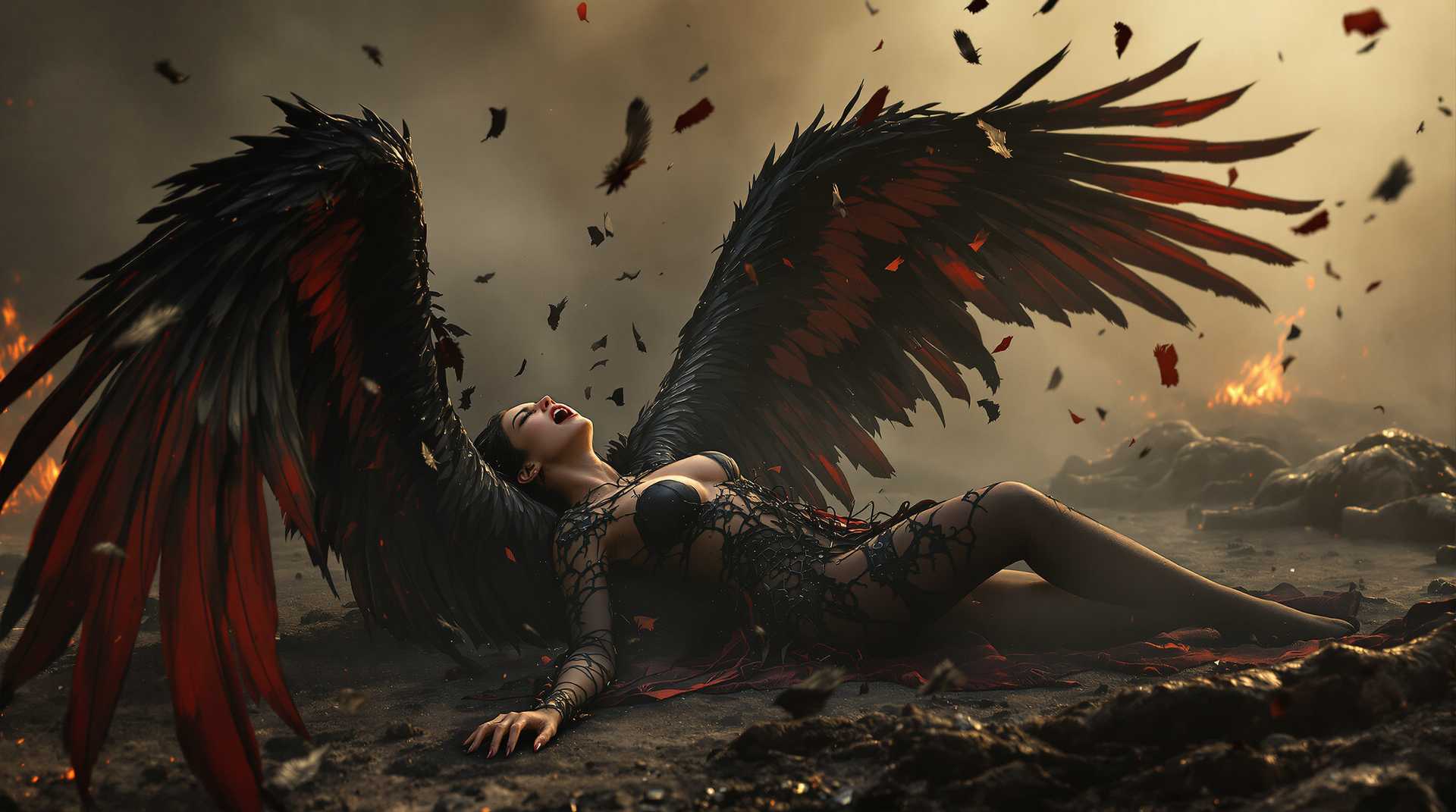 AI-generated image: A highly detailed 8K wallpaper of a fallen angel, a female figure screaming in agonizing pain, colla