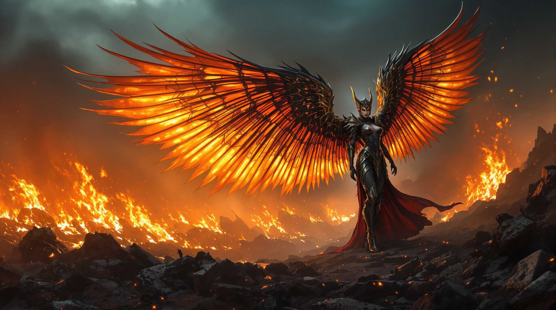 A powerful valkyrie queen stands off-center to the right in a cinematic high-fantasy scene, her expansive wings spread wide across the frame, exuding grandeur and scale against a fiery, chaotic landscape of embers and destruction. Dramatic, moody lighting with warm orange hues from a setting sun or blazing inferno highlights the intricate textures of her ornate gothic armor and wings, creating a striking chiaroscuro effect with a dark, smoky sky fading into cool blues. The composition uses negative space and her imposing silhouette to draw focus, delivering depth, tension, and a mythic sense of action in stunning 8K detail.