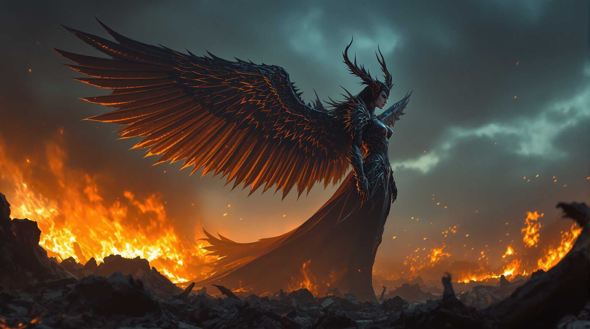 A powerful valkyrie queen stands off-center to the right in a cinematic high-fantasy scene, her expansive wings spread wide across the frame, exuding grandeur and scale against a fiery, chaotic landscape of embers and destruction. Dramatic, moody lighting with warm orange hues from a setting sun or blazing inferno highlights the intricate textures of her ornate gothic armor and wings, creating a striking chiaroscuro effect with a dark, smoky sky fading into cool blues. The composition uses negative space and her imposing silhouette to draw focus, delivering depth, tension, and a mythic sense of action in stunning 8K detail.
