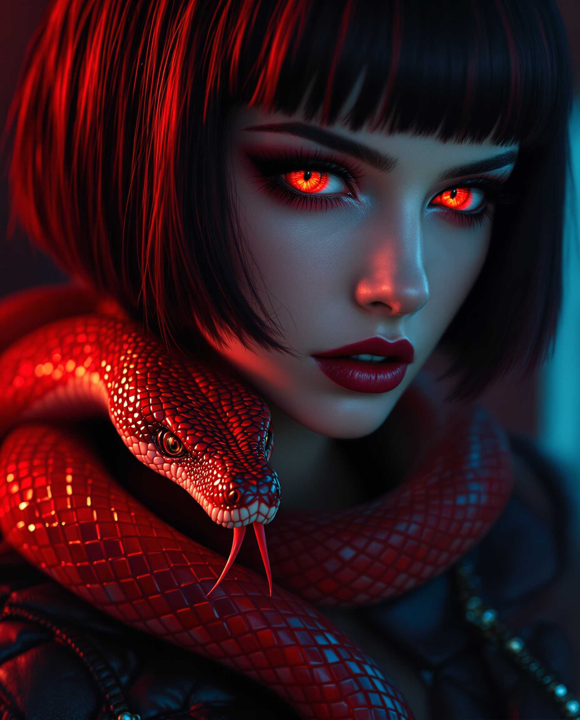 This is a hyper-realistic digital portrait of a striking female figure with a close-up focus on her intense features, captured as if taken with a DSLR camera using a 50mm lens for a shallow depth of field. Her short, dark bob-cut hair gleams with a glossy sheen, fiery red highlights glowing at the tips, while her mesmerizing red eyes, detailed with scale-like irises and narrow pupils, pierce with a serpentine gaze framed by long, curled lashes with matching red mascara. A glossy red snake with intricate, gradient-toned scales coils around her neck, its menacing yet beautiful head resting on her collarbone, sharing the same haunting red eyes, set against dramatic lighting with deep shadows and vivid highlights that enhance the moody, dangerous allure of her black, quilted leather garment with a high collar and zipper detail.