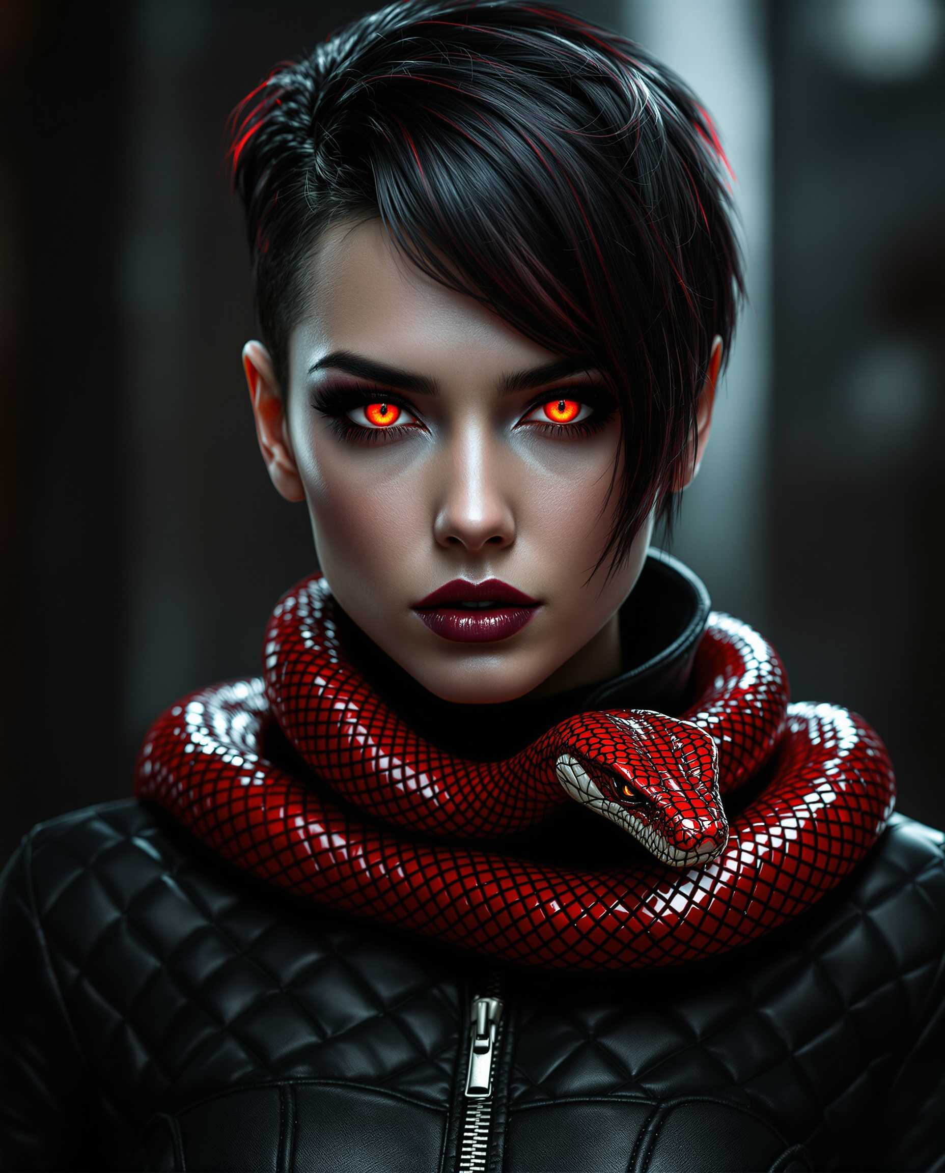 This is a hyper-realistic digital portrait of a striking female figure with a close-up focus on her intense features, captured as if taken with a DSLR camera using a 50mm lens for a shallow depth of field. Her short, dark asymmetrical short hair gleams with a glossy sheen, fiery red highlights glowing at the tips, while her mesmerizing red eyes, detailed with scale-like irises and narrow pupils, pierce with a serpentine gaze framed by long, curled lashes with matching red mascara. A glossy red snake with intricate, gradient-toned scales coils around her neck, its menacing yet beautiful head resting on her collarbone, sharing the same haunting red eyes, set against dramatic lighting with deep shadows and vivid highlights that enhance the moody, dangerous allure of her black, quilted leather garment with a high collar and zipper detail.