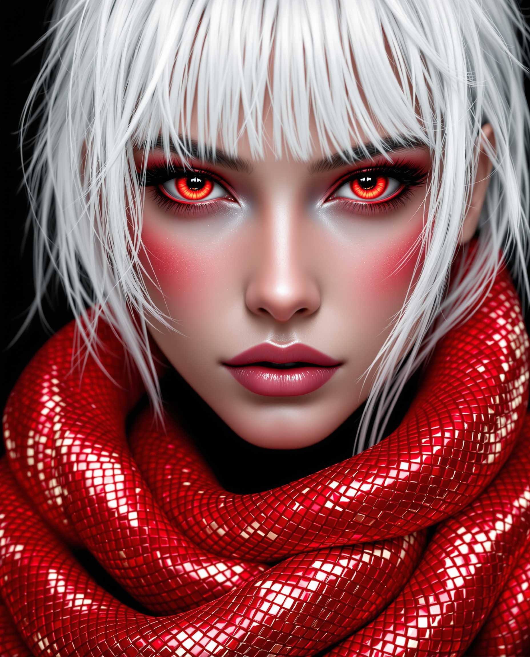 This is a closeup realistic photo (photograph) of a female real person digital artwork that features a detailed and realistic portrayal of a person with white hair and red eyes. The hair is depicted with individual strands that have a lifelike texture and volume, giving the hair a three dimensional appearance. The red eyes are particularly striking, with a glossy sheen that reflects light, and the pupils are dilated, adding to the intensity of the gaze. Around the neck of the figure, there is a coiled red snake with scales that shimmer with a metallic sheen, and the texture of the scales is intricately detailed. The snake wraps around the neck in a way that suggests movement and life, and the way it interacts with the figures hair adds to the dynamic of the image. The overall art style of the image is digital realism, with a focus on creating a lifelike and immersive visual experience. The medium appears to be a high resolution digital painting, utilizing advanced rendering techniques to achieve the level of detail and lighting in the image. The colors in the image are primarily red and white, with the reds ranging from the bright, fiery hue of the snake to the more muted tones in the hair. The contrast between the reds and the white hair creates a visually compelling image, while the black background serves to isolate and emphasize the subject. In summary, this is a digitally rendered artwork that captures the viewers attention with its lifelike portrayal of a figure with striking red eyes and a coiled red snake around their neck. The art style is digital realism, with a focus on creating a visually compelling and immersive experience through the use of advanced rendering techniques and a limited yet impactful color palette.