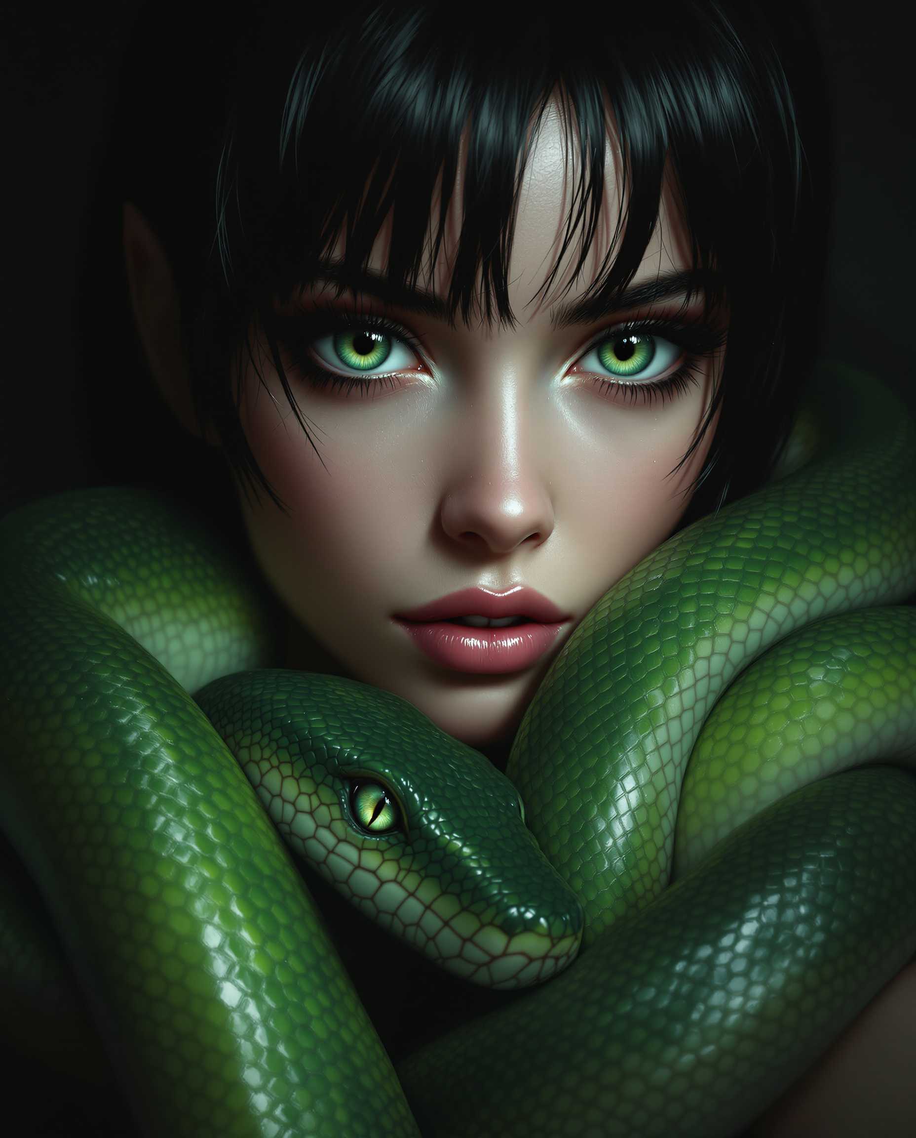 This is a realistic photo (photograph) of a female real person digitally created image that showcases a closeup of a person with a striking resemblance to a character from a fantasy or science fiction setting. The person has large, expressive green eyes with long, dark lashes and a hint of green in the irises, which match the green of the snake they are holding. The hair is dark, with bangs that are slightly wet, giving the hair a glossy appearance and a sense of movement. The snake is wrapped around the persons neck and shoulders, with its head resting on the persons collarbone. The snake is a realistic depiction, with scales that shimmer in the light, and its eyes are wide open, reflecting a sense of alertness or curiosity. The texture of the snakes scales is intricate, and the way the light plays across them gives the image a three dimensional quality. The art style is highly detailed and lifelike, with a focus on the interplay of light and shadow to create a sense of depth and realism. The medium appears to be a digital painting, given the smooth blending of colors and the lack of brush strokes. The colors in the image are primarily shades of green, with the persons skin appearing to be a soft, warm tone that contrasts with the coolness of the snake. The background is dark and nondescript, with a gradient of black and gray that fades into darkness, ensuring that the focus remains on the person and the snake. There is a watermark in the bottom right corner that reads Brainstorm AI, indicating that the image was created using artificial intelligence. Overall, the image is a compelling blend of fantasy and realism, with a strong emphasis on the interplay between human and animal, and the use of color and light to create a sense of drama and intensity.