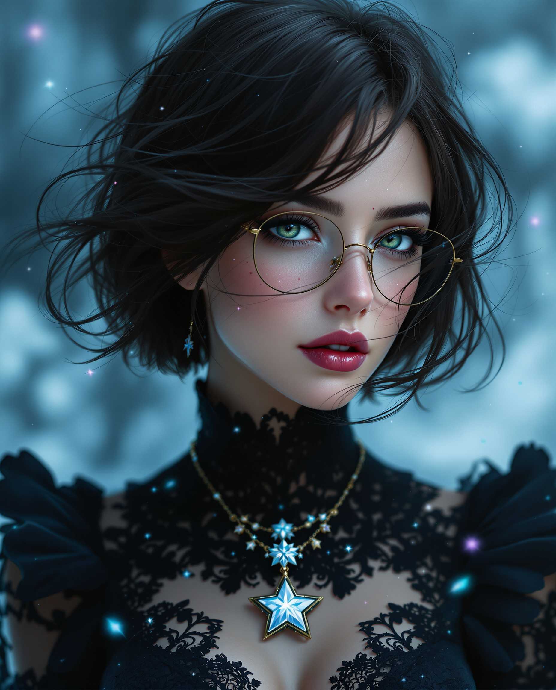 A stunning photorealistic digital painting of a female figure with short dark brown hair, bright green eyes, freckles on her cheeks, wearing glasses, exuding fantasy and mystique, captured as if through a high-end DSLR with a 50 mm lens, featuring shallow depth of field and cinematic lighting in 8K detail. She wears an elegant black lace garment adorned with a star-shaped pendant, her windswept hair adding dynamic, untamed beauty, set against a moody backdrop of cool blues, deep blacks, and ethereal hints of light blue and purple. The intricate textures and smooth gradients enhance the celestial, icy atmosphere, drawing focus to the pendant and her enigmatic presence.