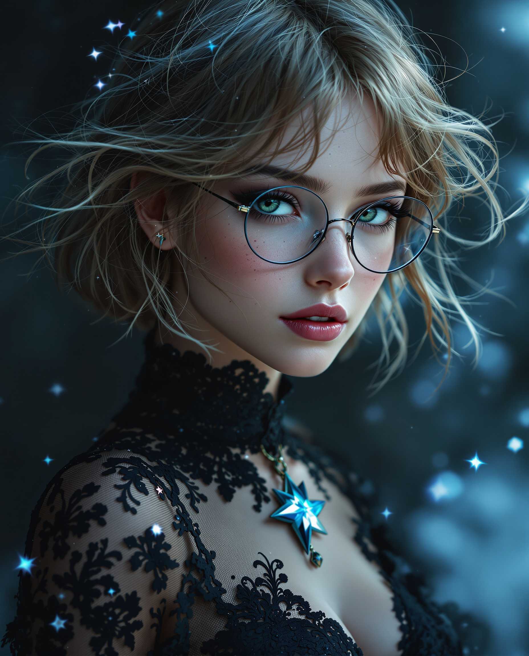 A stunning photorealistic digital painting of a female figure with short light brown hair, bright green eyes, lots of freckles on her cheeks, wearing glasses, exuding fantasy and mystique, captured as if through a high-end DSLR with a 50 mm lens, featuring shallow depth of field and cinematic lighting in 8K detail. She wears an elegant black lace garment adorned with a star-shaped pendant, her windswept hair adding dynamic, untamed beauty, set against a moody backdrop of cool blues, deep blacks, and ethereal hints of light blue and purple. The intricate textures and smooth gradients enhance the celestial, icy atmosphere, drawing focus to the pendant and her enigmatic presence.