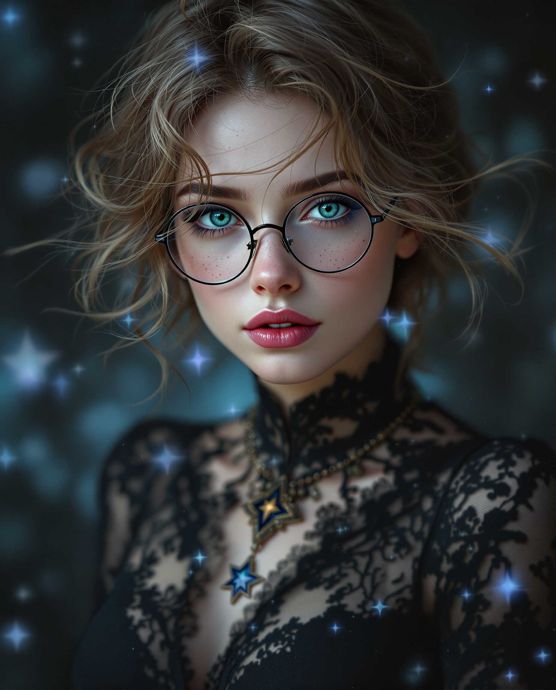 A stunning photorealistic digital painting of a female figure with short light brown hair, bright green eyes, lots of freckles on her cheeks, wearing glasses, exuding fantasy and mystique, captured as if through a high-end DSLR with a 50 mm lens, featuring shallow depth of field and cinematic lighting in 8K detail. She wears an elegant black lace garment adorned with a star-shaped pendant, her windswept hair adding dynamic, untamed beauty, set against a moody backdrop of cool blues, deep blacks, and ethereal hints of light blue and purple. The intricate textures and smooth gradients enhance the celestial, icy atmosphere, drawing focus to the pendant and her enigmatic presence.