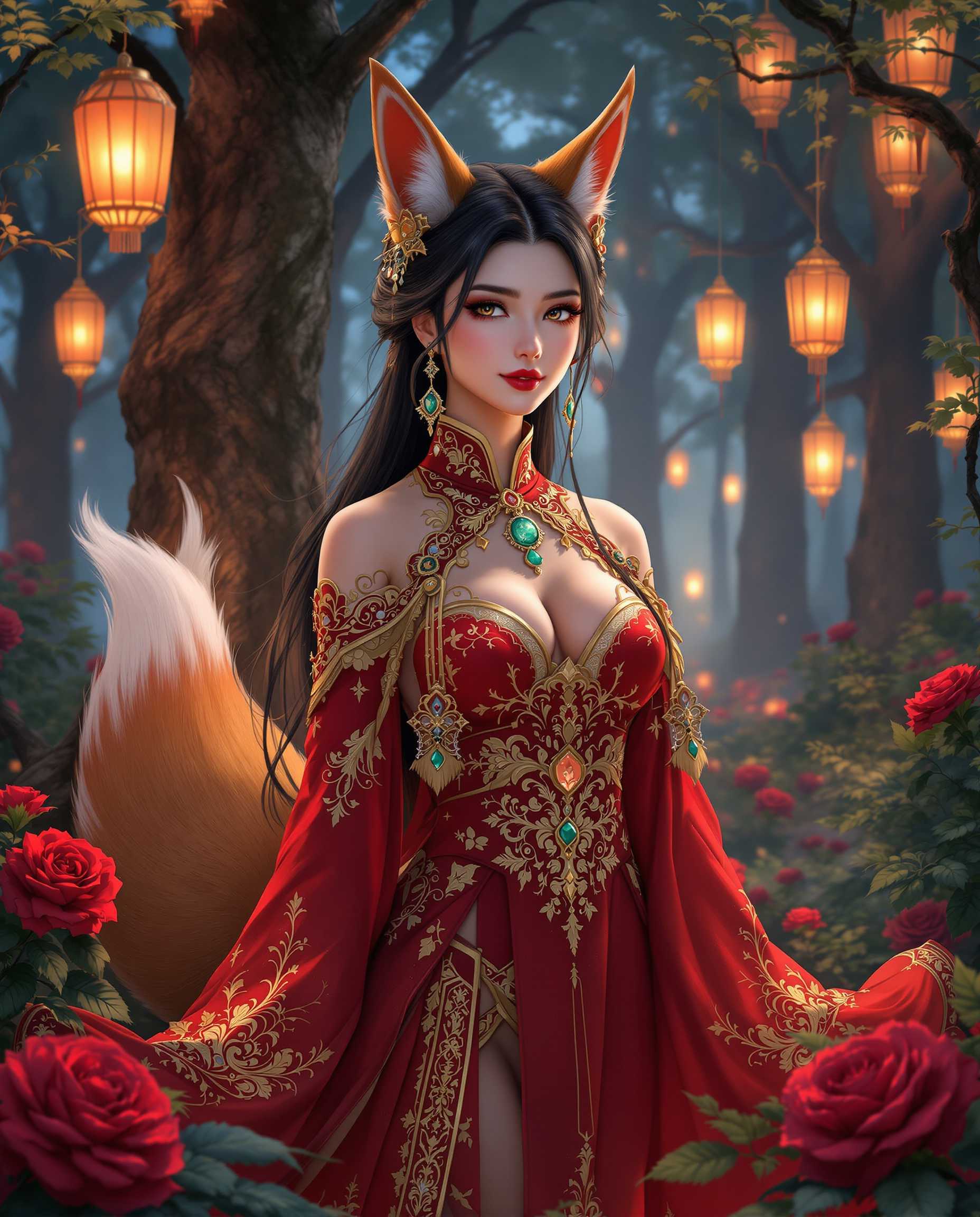 This is a realistic photo (photograph) of a female real person intricate and detailed digital artwork that features a character with a blend of human and animal traits, resembling a fox spirit. The character is adorned in a traditional East Asian inspired red and gold outfit with intricate patterns and embellishments, which suggests a cultural or mythical significance. The red and gold color scheme is often associated with prosperity and good fortune in many East Asian cultures.The characters attire includes a formfitting bodice with a high neckline and delicate lace detailing, paired with a flowing skirt that drapes elegantly around her legs. A jade pendant is prominently displayed on her chest, adding to the traditional aesthetic. The characters hair is long and dark, with a fox tail extending from her lower back, and she has fox ears that are perked up, indicating attentiveness or curiosity.The setting is a mystical forest at dusk, with lanterns casting a warm glow through the trees. The forest floor is covered with lush greenery and vibrant red roses, which contrast beautifully with the cool blues and purples of the twilight. The lighting in the scene is soft and diffused, creating a dreamlike quality that enhances the magical atmosphere. The art style is realistic, with a focus on detailed line work, smooth shading, and a high level of realism. The textures are rich and varied, from the softness of the characters skin to the roughness of the tree bark and the velvety petals of the roses. Overall, the image exudes a sense of enchantment, mystery, and cultural depth, inviting viewers into a world where myth and reality intertwine.
