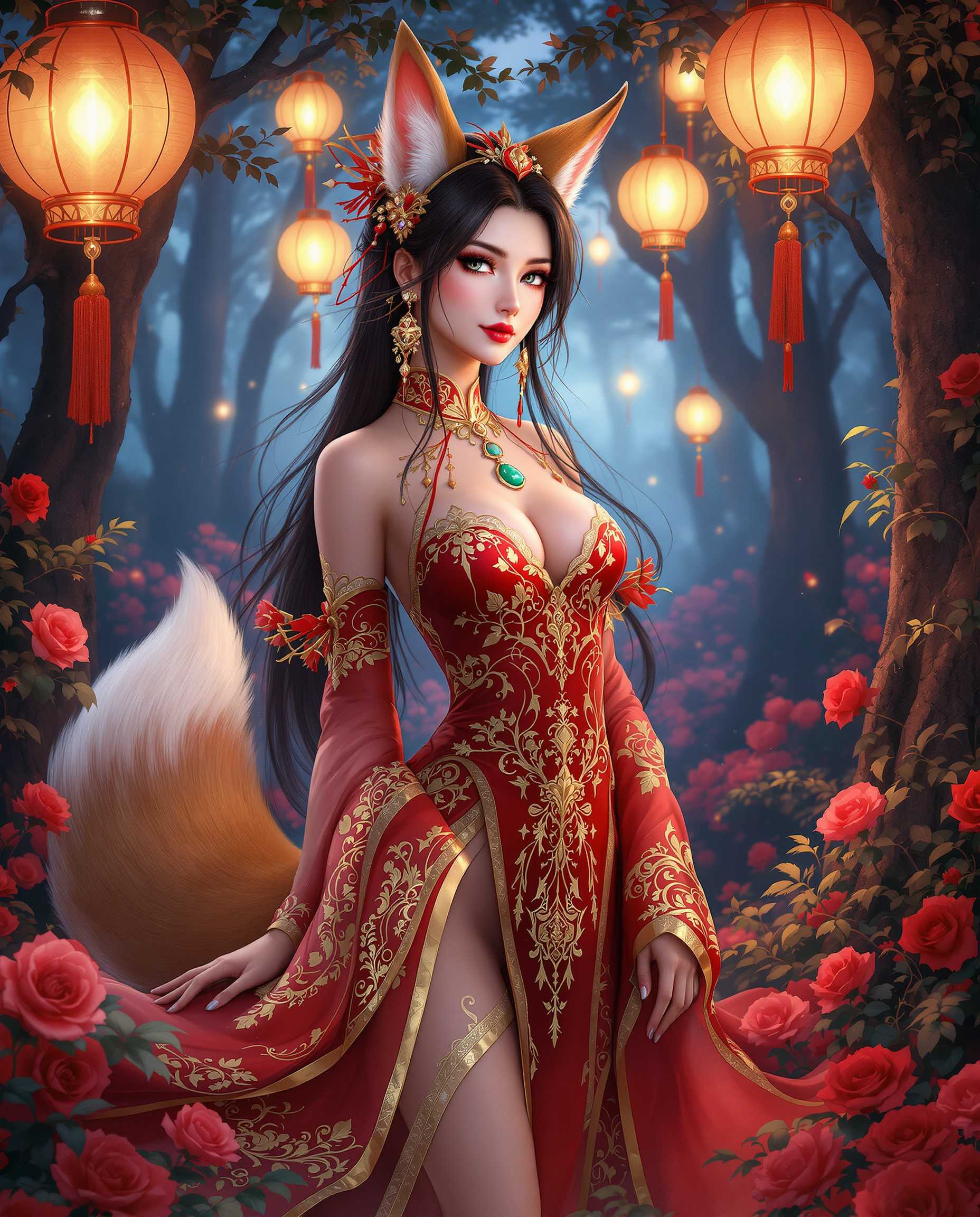 This is a realistic photo (photograph) of a female real person intricate and detailed digital artwork that features a character with a blend of human and animal traits, resembling a fox spirit. The character is adorned in a traditional East Asian inspired red and gold outfit with intricate patterns and embellishments, which suggests a cultural or mythical significance. The red and gold color scheme is often associated with prosperity and good fortune in many East Asian cultures.The characters attire includes a formfitting bodice with a high neckline and delicate lace detailing, paired with a flowing skirt that drapes elegantly around her legs. A jade pendant is prominently displayed on her chest, adding to the traditional aesthetic. The characters hair is long and dark, with a fox tail extending from her lower back, and she has fox ears that are perked up, indicating attentiveness or curiosity.The setting is a mystical forest at dusk, with lanterns casting a warm glow through the trees. The forest floor is covered with lush greenery and vibrant red roses, which contrast beautifully with the cool blues and purples of the twilight. The lighting in the scene is soft and diffused, creating a dreamlike quality that enhances the magical atmosphere. The art style is realistic, with a focus on detailed line work, smooth shading, and a high level of realism. The textures are rich and varied, from the softness of the characters skin to the roughness of the tree bark and the velvety petals of the roses. Overall, the image exudes a sense of enchantment, mystery, and cultural depth, inviting viewers into a world where myth and reality intertwine.
