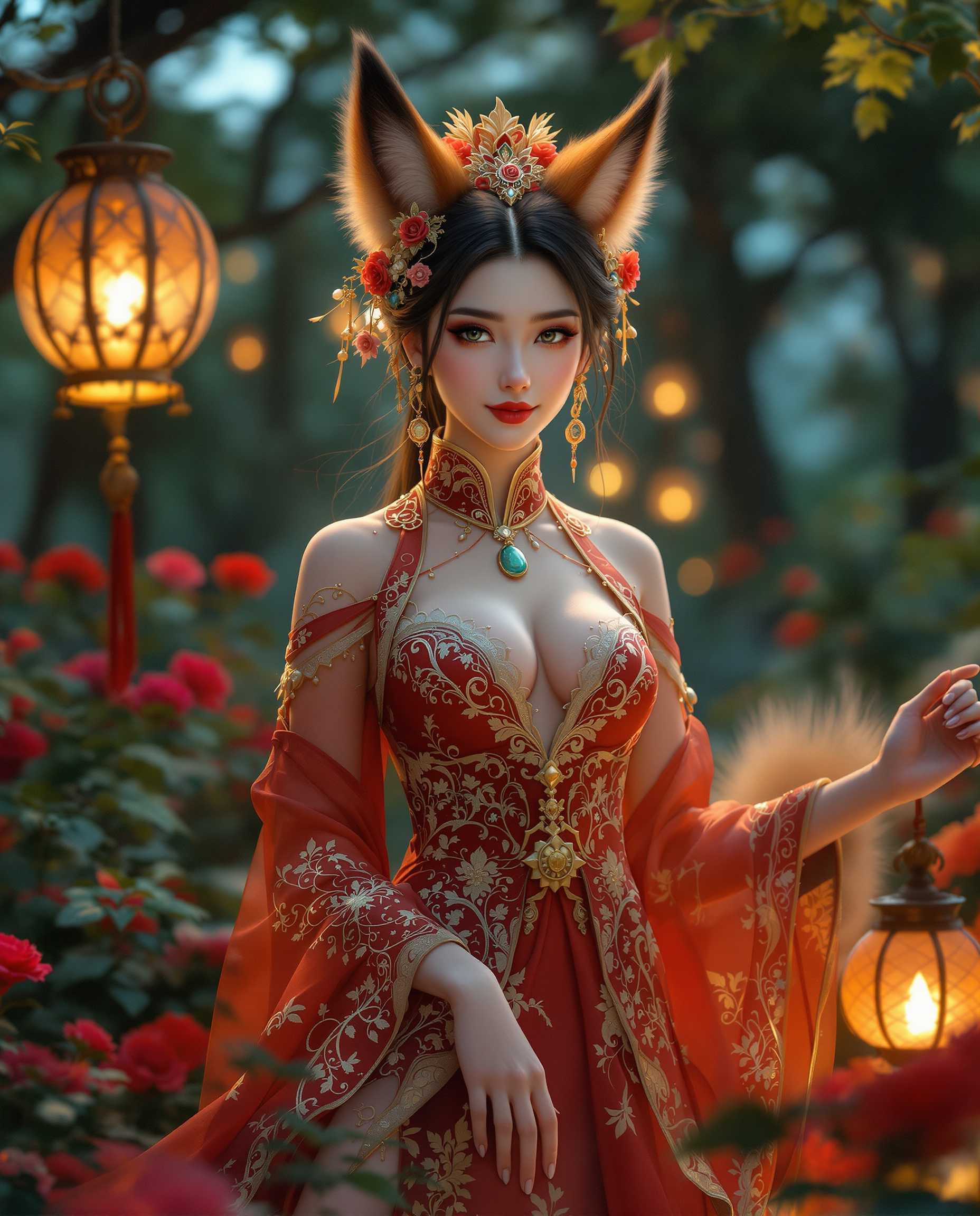 A stunning, photorealistic portrait of a female fox spirit, blending human and animal traits, captured in a mystical forest at dusk. She wears a traditional East Asian-inspired red and gold outfit with intricate patterns, a formfitting bodice, delicate lace detailing, a flowing skirt, and a jade pendant, exuding cultural significance. Shot with a 50mm DSLR lens, the scene features soft, diffused cinematic lighting from lanterns, lush greenery, vibrant red roses, and twilight blues and purples, rendered in breathtaking 8K detail.