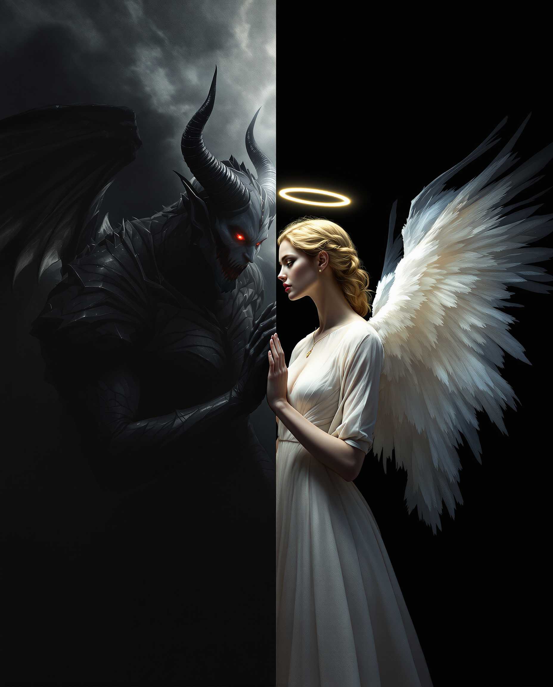 This image is a realistic photo (photograph) of a female real person striking example of fantasy art, with a composition that juxtaposes two contrasting characters, an angel and a demon, against a stark, dark background. The composition is balanced with the angel on the right, her lightness and purity symbolized by her white wings and the halo, and the demon on the left, her darkness and power represented by her black wings and the ominous aura.Lighting plays a crucial role in this artwork. The angel is bathed in a soft, ethereal light that highlights her delicate features and the intricate details of her wings. This light creates a sense of depth and dimension, drawing the viewers eye to her and emphasizing her as the focal point. In contrast, the demon is shrouded in darkness, with only her eyes and horns illuminated, which adds to her menacing presence.The style of the artwork is realistic, with its clean lines, detailed shading, and exaggerated features. The characters are stylized with a certain amount of realism, but with fantastical elements that are typical of this genre. The use of color is minimal, with the angel predominantly white and the demon predominantly black, which further emphasizes their opposing natures.
