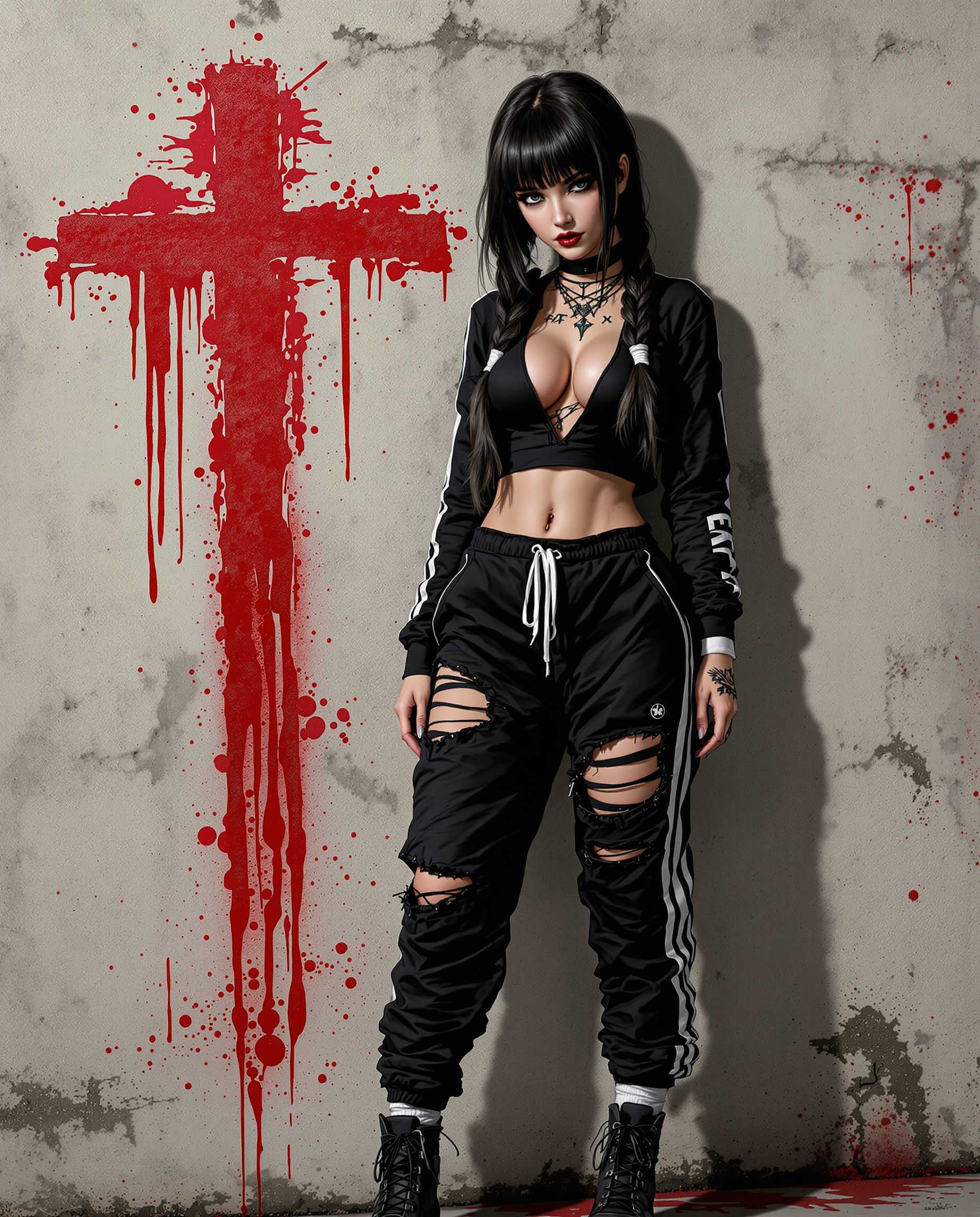 This is a realistic photo (photograph) of a female real person illustration that features a character with a striking and detailed appearance. The art style is realistic, with a focus on exaggerated features and a dynamic composition. The medium appears to be digital, given the smooth gradients and the crispness of the lines.The character is wearing a black ensemble that consists of a longsleeved top with a plunging neckline and a matching pair of sweatpants with a white stripe down the leg. The top has a torn design that reveals a glimpse of the characters midriff, and the sweatpants have a distressed look with a torn knee. The outfit is completed with white socks that are pulled up to midcalf, and the character is wearing black boots.The characters hair is long and dark, with bangs that frame the face. It is styled in two braids that hang down the back, secured with white bands. There are also tattoos visible on the characters neck and upper arms, adding to the edgy aesthetic.The background is a textured wall with a faded red symbol that resembles a cross, giving the impression of a worn or possibly abandoned space. The wall is also splattered with red, which could be interpreted as blood or paint, adding to the dramatic effect of the scene.The color palette is primarily black and white, with splashes of red that stand out against the muted tones of the wall. The use of shadow and highlights gives the image a threedimensional quality, and the overall composition is dynamic, with the characters pose and the positioning of the arms and legs creating a sense of movement.Overall, the image is a blend of edgy fashion, dramatic poses, and a gritty, urban backdrop, all rendered with the detailed and expressive style of realism art.