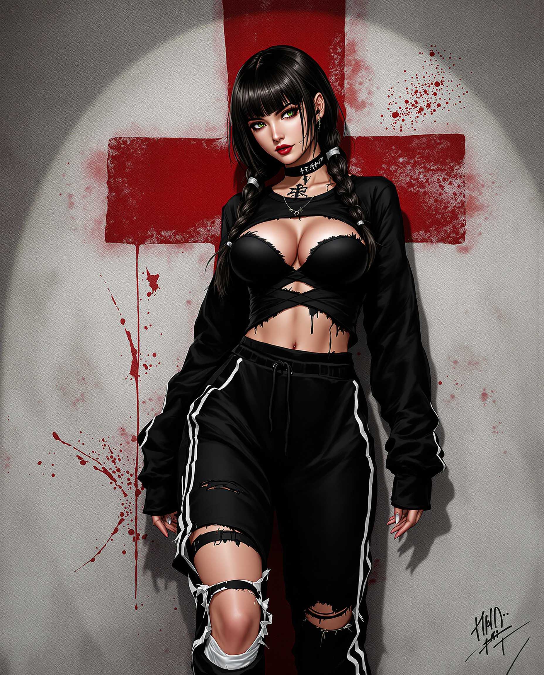 This is a realistic photo (photograph) of a female real person illustration that features a character with a striking and detailed appearance. The art style is realistic, with a focus on exaggerated features and a dynamic composition. The medium appears to be digital, given the smooth gradients and the crispness of the lines.The character is wearing a black ensemble that consists of a longsleeved top with a plunging neckline and a matching pair of sweatpants with a white stripe down the leg. The top has a torn design that reveals a glimpse of the characters midriff, and the sweatpants have a distressed look with a torn knee. The outfit is completed with white socks that are pulled up to midcalf, and the character is wearing black boots.The characters hair is long and dark, with bangs that frame the face. It is styled in two braids that hang down the back, secured with white bands. There are also tattoos visible on the characters neck and upper arms, adding to the edgy aesthetic.The background is a textured wall with a faded red symbol that resembles a cross, giving the impression of a worn or possibly abandoned space. The wall is also splattered with red, which could be interpreted as blood or paint, adding to the dramatic effect of the scene.The color palette is primarily black and white, with splashes of red that stand out against the muted tones of the wall. The use of shadow and highlights gives the image a threedimensional quality, and the overall composition is dynamic, with the characters pose and the positioning of the arms and legs creating a sense of movement.Overall, the image is a blend of edgy fashion, dramatic poses, and a gritty, urban backdrop, all rendered with the detailed and expressive style of realism art.