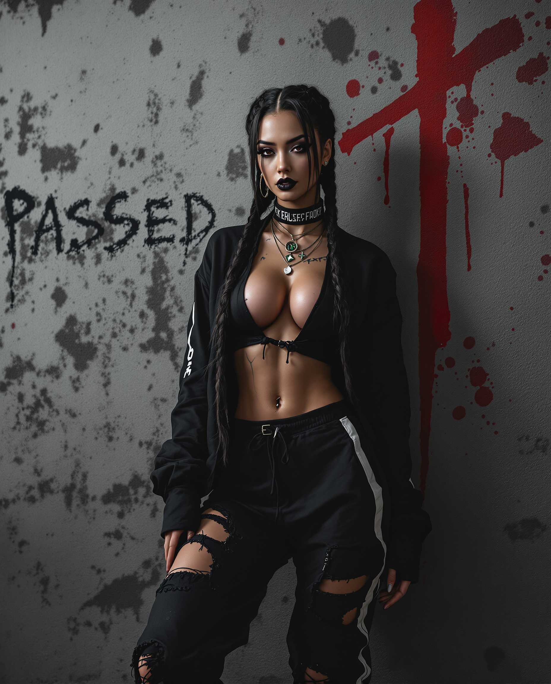 A hyper-realistic DSLR photo of a striking female character with exaggerated, detailed features, captured in a dynamic pose that conveys movement, shot with a 50mm lens for a shallow depth of field. She wears a bold black ensemble—a long-sleeved top with a plunging neckline and torn midriff, distressed sweatpants with a white stripe and torn knee, white mid-calf socks, and black boots—complemented by long dark hair in twin braids with white bands, and edgy tattoos on her neck and arms. The gritty urban background features a textured, weathered wall with a faded red cross symbol and splattered red accents, illuminated by cinematic lighting with deep shadows and vivid highlights in a stark black, white, and red palette, rendered in stunning 8K detail.