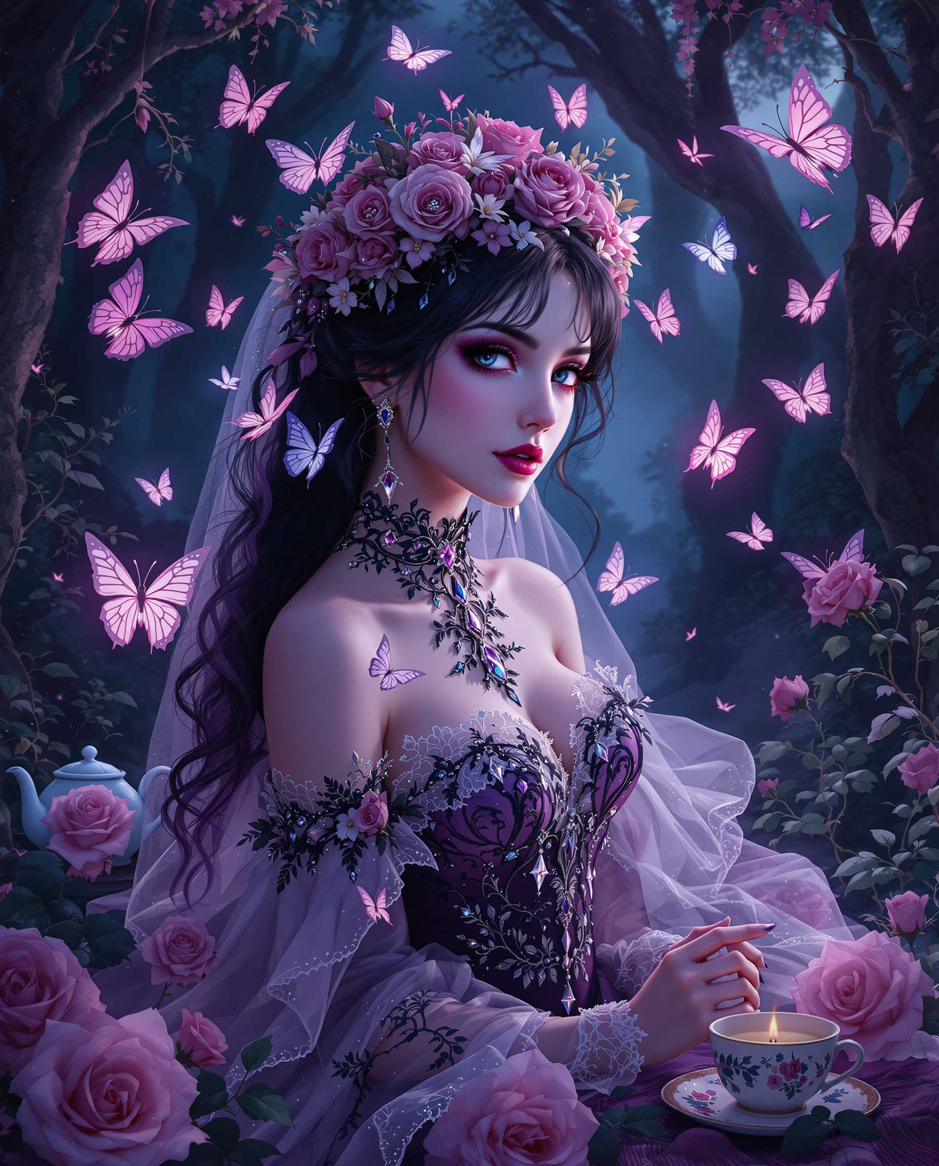 This image is a realistic photo (photograph) of a female real person digital illustration that exudes a gothic and romantic atmosphere. The art style is realistic with a touch of Western gothic elements, characterized by its intricate details, vibrant colors, and stylized characters.The medium appears to be a highresolution digital painting, utilizing a combination of vector and bitmap techniques to create a smooth and detailed image. The use of lighting and shadow adds depth and realism to the scene.The colors in the image are rich and varied, with a predominance of purples, pinks, and blues, which contribute to the overall gothic and dreamy ambiance. The character is adorned with lace, flowers, and butterflies, which are rendered in a gradient of purples and pinks, creating a sense of delicacy and fantasy.The objects in the image include1. The central figure, a female character, dressed in a gothic bridal outfit with lace, roses, and butterflies, which are prominent throughout the image. Her attire is detailed with beadwork, crystals, and ribbons, adding to the overall opulence and fantasy.2. Surrounding the character are several butterflies in various sizes and stages of flight, which add a sense of movement and vitality to the scene. The butterflies are depicted with a high level of detail, including their wings and antennae.3. The setting appears to be a dark, enchanted forest or garden, with trees and foliage in the background. The lighting and shadows suggest a twilight or moonlit scene, adding to the mystical and romantic atmosphere.4. There are also several roses scattered throughout the image, which complement the bridal theme and add to the romantic and gothic elements.5. In the background, there is a teapot and a cup, which could imply a tea party or a moment of relaxation in the midst of the fantastical surroundings.Overall, the image is a rich and detailed depiction of a gothic fantasy scene, with a focus on the central character and her surroundings, creating a sense of enchantment and mystery.