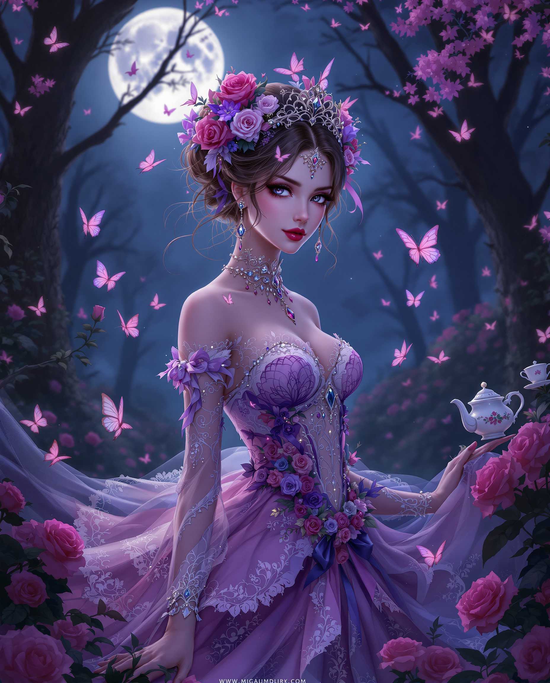 A stunning high-resolution digital painting of a female character in a gothic bridal outfit, exuding a romantic and mystical atmosphere in a dark, enchanted forest at twilight. She is adorned with intricate lace, roses, and butterflies in gradients of purples, pinks, and blues, enhanced by detailed beadwork, crystals, and ribbons, while vibrant butterflies flutter around her, adding movement and life. The moonlit scene, with shadowy trees, scattered roses, and a delicate teapot and cup in the background, captures a dreamy, gothic fantasy with cinematic depth and rich, vibrant colors.