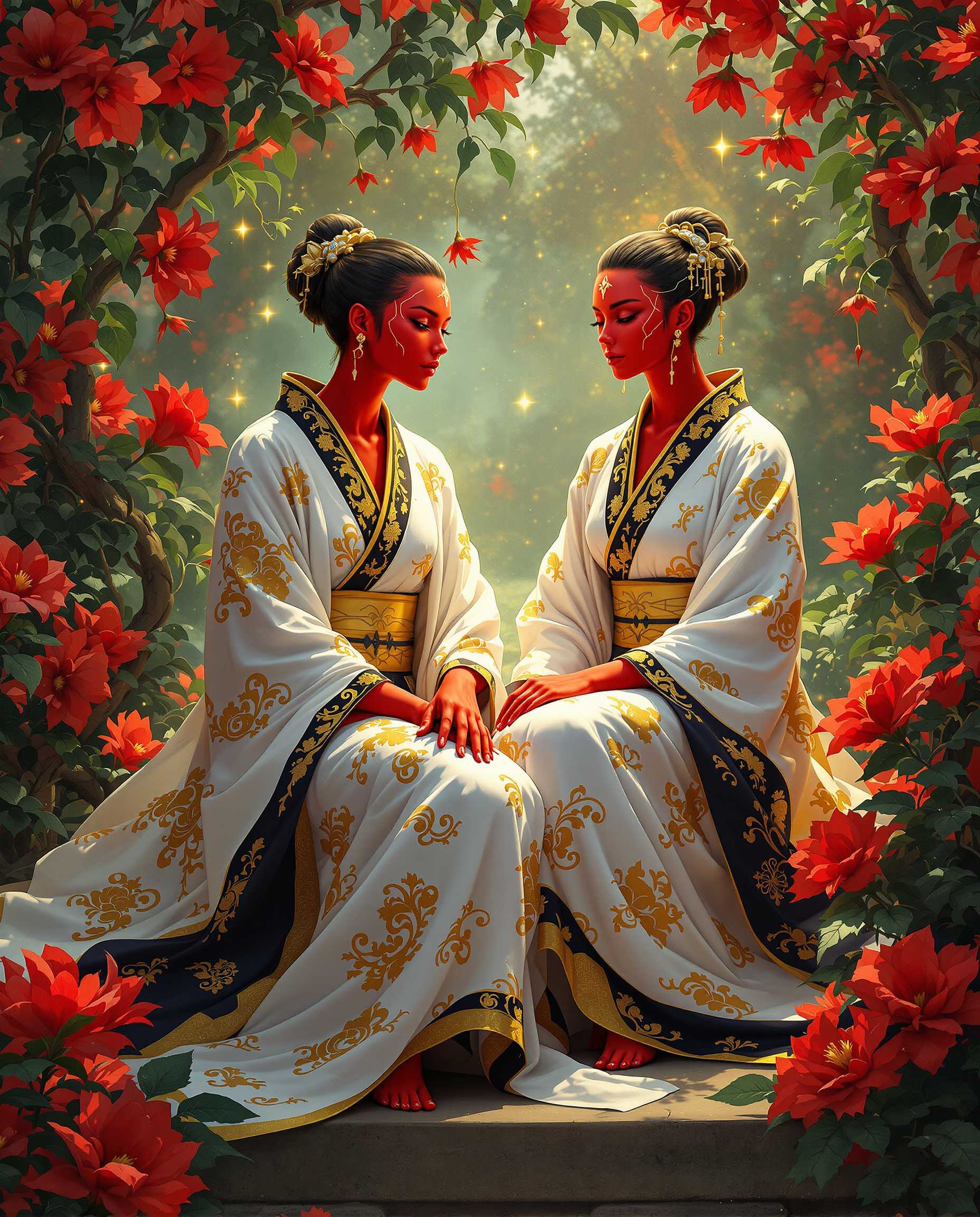 This is a realistic photo (photograph) of two female real persons intricate and vibrant digital artwork that features two figures with striking red skin and golden patterns, suggestive of a fantasy or mythological theme. The figures are adorned in traditional Japanese garments, known as yukatas, which are draped elegantly around their bodies. The yukatas are predominantly white with black and gold details, which provide a stark contrast to the red skin of the figures.The art style is rerealistic, with its emphasis on detailed line work, smooth shading, and the use of vibrant colors. The medium appears to be digital painting, given the smooth blending of colors and the lack of texture that one might expect from traditional painting mediums.The figures are seated on a raised platform surrounded by lush greenery and vibrant red flowers, which could be interpreted as a representation of life, fertility, or rebirth. The flowers are depicted with a high level of detail, with realistic petals and leaves that are illuminated by a soft, golden light, which adds to the mystical and otherworldly atmosphere of the scene.The overall color palette is rich and varied, with deep reds, vibrant greens, and warm golds creating a visually striking contrast. The interplay of light and shadow is masterfully handled, with the figures and flowers taking on a luminous quality that suggests a divine or supernatural presence.In summary, this is a digital painting that combines elements of fantasy, myth, and traditional Japanese aesthetics to create a visually compelling and thought provoking piece of art.