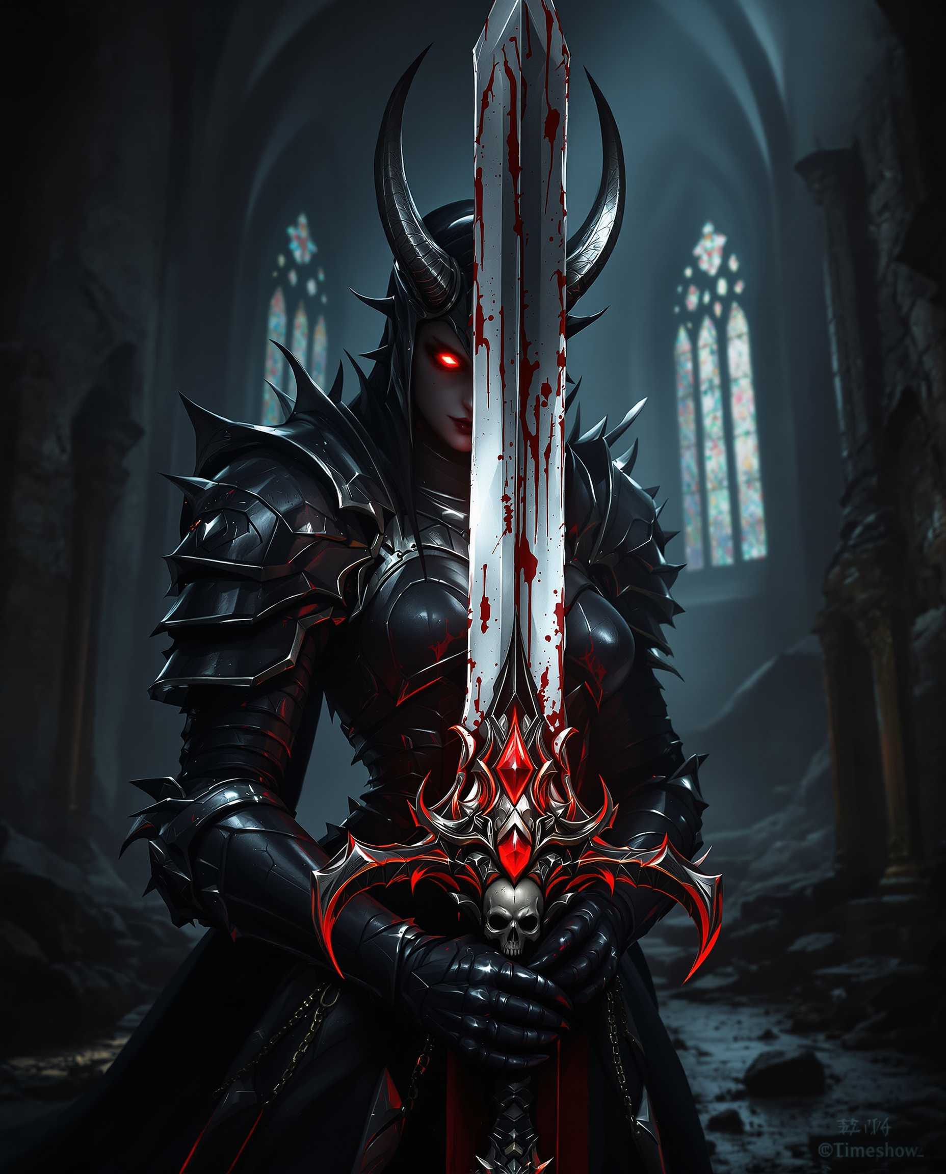 This image is a realistic photo (photograph) of a female real person digital artwork that exudes a dark fantasy vibe. The art style is reminiscent of high fantasy, with a focus on detailed armor and weaponry, and a gothic touch in the overall composition. The medium appears to be digital painting, given the smooth blending of colors and the lack of texture that might be present in traditional mediums.The colors are predominantly dark and muted, with a few highlights of red and white that stand out against the black and gray tones. The armor is primarily black with hints of silver and red, which gives it a metallic and somewhat ominous appearance. The red accents are particularly striking, with glowing eyes and a red gem on the sword, which adds a touch of horror and intensity to the character.The objects in the image are primarily the armored figure and the sword. The figure is wearing a full suit of armor, with a helmet that has horns protruding from the top, and a visor that obscures the face. The armor is intricate, with spikes and jagged edges that give it a menacing look. The figures right hand is visible, with a gauntlet that matches the armor, and the fingers are tipped with sharp claws. The left hand is obscured by the sword.The sword is the central object in the image, and it is a large, ornate blade with a bloodstained edge. The hilt is detailed with a red gem and a skull, and the blade itself has a jagged edge and a red glow near the tip, suggesting it might be enchanted or cursed.The background is a dark, gothic cathedral with pointed arches and stained glass windows. The cathedral is in ruins, with broken walls and debris scattered throughout, adding to the ominous atmosphere of the scene. The lighting is dramatic, with a spotlight effect that casts the figure and the sword in a brighter light, emphasizing their presence and giving the image a cinematic quality.
