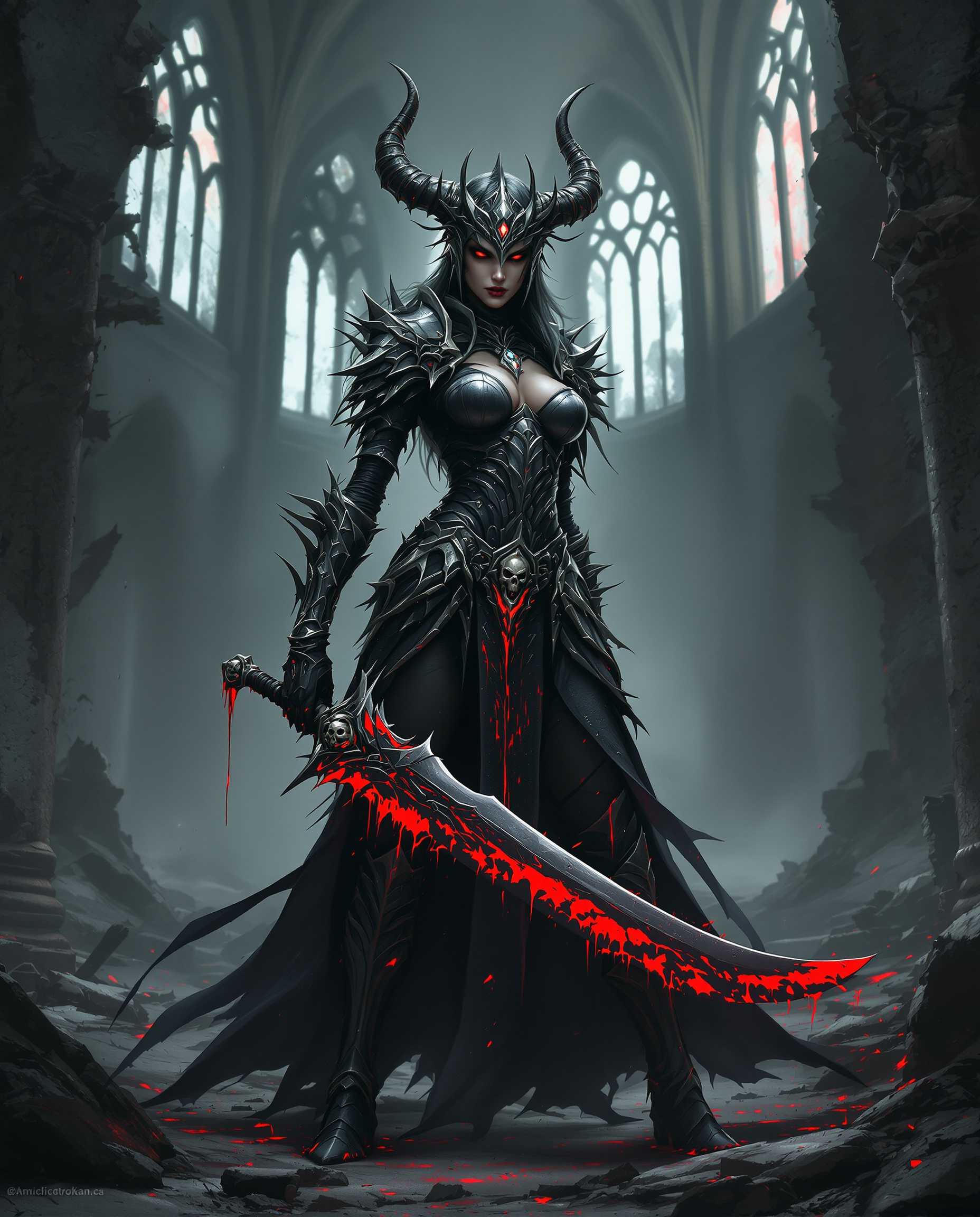 A strikingly detailed digital painting of a female warrior in a dark fantasy setting, captured with a photorealistic quality reminiscent of a high-end DSLR photo using a 50mm lens and shallow depth of field. She stands in full black armor with silver and red accents, intricate spikes, and a horned helmet, wielding a large, cursed sword with a bloodstained, jagged blade, a glowing red gem, and a skull-adorned hilt, exuding menace and horror. The scene unfolds in a ruined gothic cathedral with shattered stained glass and debris, illuminated by dramatic, cinematic lighting that spotlights the warrior against a muted palette of blacks, grays, and haunting reds.