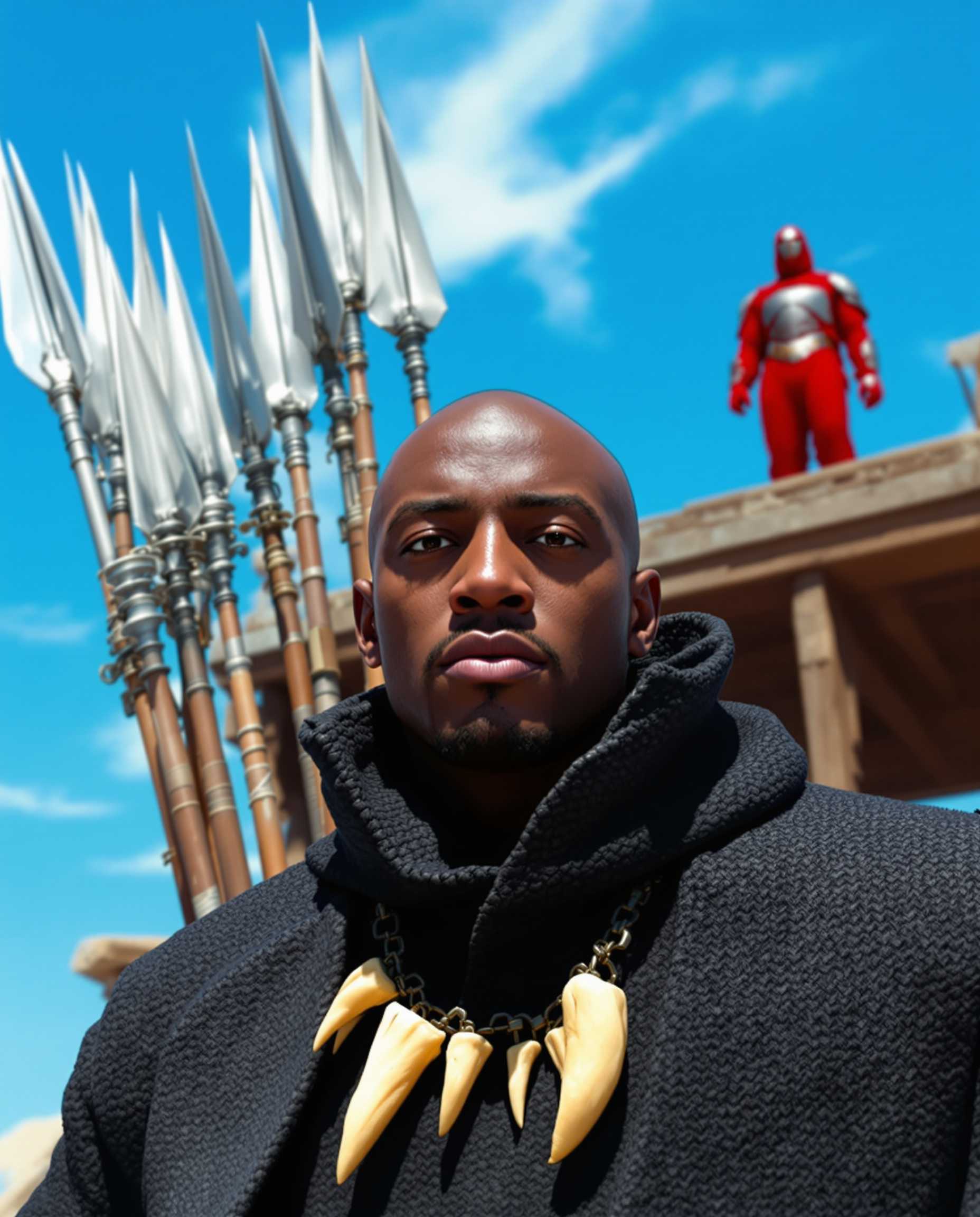 This image appears to be a still from a film or a highquality photograph, capturing a moment of a character in a dynamic outdoor setting. The art style is cinematic, with a focus on realistic lighting and shadow to create a sense of depth and drama.The medium is not immediately clear from the image alone, but it seems to be a digital creation, given the sharpness and clarity of the details. The colors are vibrant and rich, with a predominance of blues and browns, which gives the image a cool and earthy feel. The sky is a clear, bright blue, with a few wispy clouds, suggesting a sunny day.The objects in the image are numerous and contribute to the overall atmosphere of the scene. In the foreground, the character is wearing a dark, textured coat with a high collar, giving off a sense of mystery and readiness. The coats fabric appears to be a knit or woven material, with a tactile quality that is emphasized by the play of light and shadow.The character is also wearing a necklace with what seems to be animal teeth or tusks, which could be a cultural or symbolic accessory. The teeth are a pale, creamy color, contrasting with the dark tones of the coat.Behind the character, there are several spearlike objects, each with a unique design, suggesting a collection of weapons or tools. These objects are metallic, with a reflective quality, and are of varying lengths and shapes, indicating a diverse arsenal.In the background, there is a figure in a red outfit, standing on a raised platform or structure. The figure is partially obscured by the foreground elements, but it is clear that they are dressed in a costume that includes armorlike elements, suggesting they may be a guard or a figure of importance.The overall composition of the image, with its rich colors, detailed textures, and dynamic elements, creates a sense of anticipation and adventure, as if the character is on the brink of action or decision.