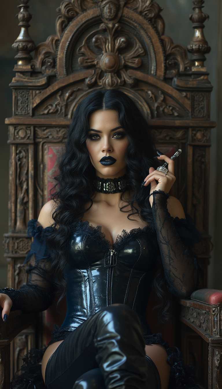 A mid-20s Italian-American woman with a soft tan and striking dark holden eyes reclines confidently on an ornate throne in a grand medieval-style throne room, exuding gothic elegance. Smoking a long dark cigarette. Her shiny black lipstick, thick goth makeup, and claw-length shiny black nails complement her wavy, thick, curly black hair cascading to her waist, while a shiny black latex corset, dark blue latex blouse, pants, and knee-high boots gleam under soft, dramatic lighting, captured in stunning 8K cinematic detail with shallow depth of field.
