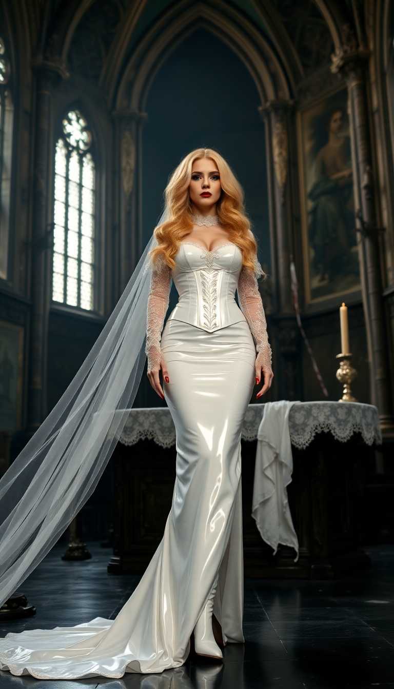 Golden haired her hair falls to her knees in thick heavy waves and wild curls. mid 20s, vampire queen, shiny blood red lips and long shiny blood red claw-length nails. Dressed in a floor length shiny white latex wedding gown with a shiny white latex corset, white lace sleeves and gloves. Shiny white latex thigh-high boots with 7 inch heels. Standing at a desecrated altar in a dark, ruined cathedral.