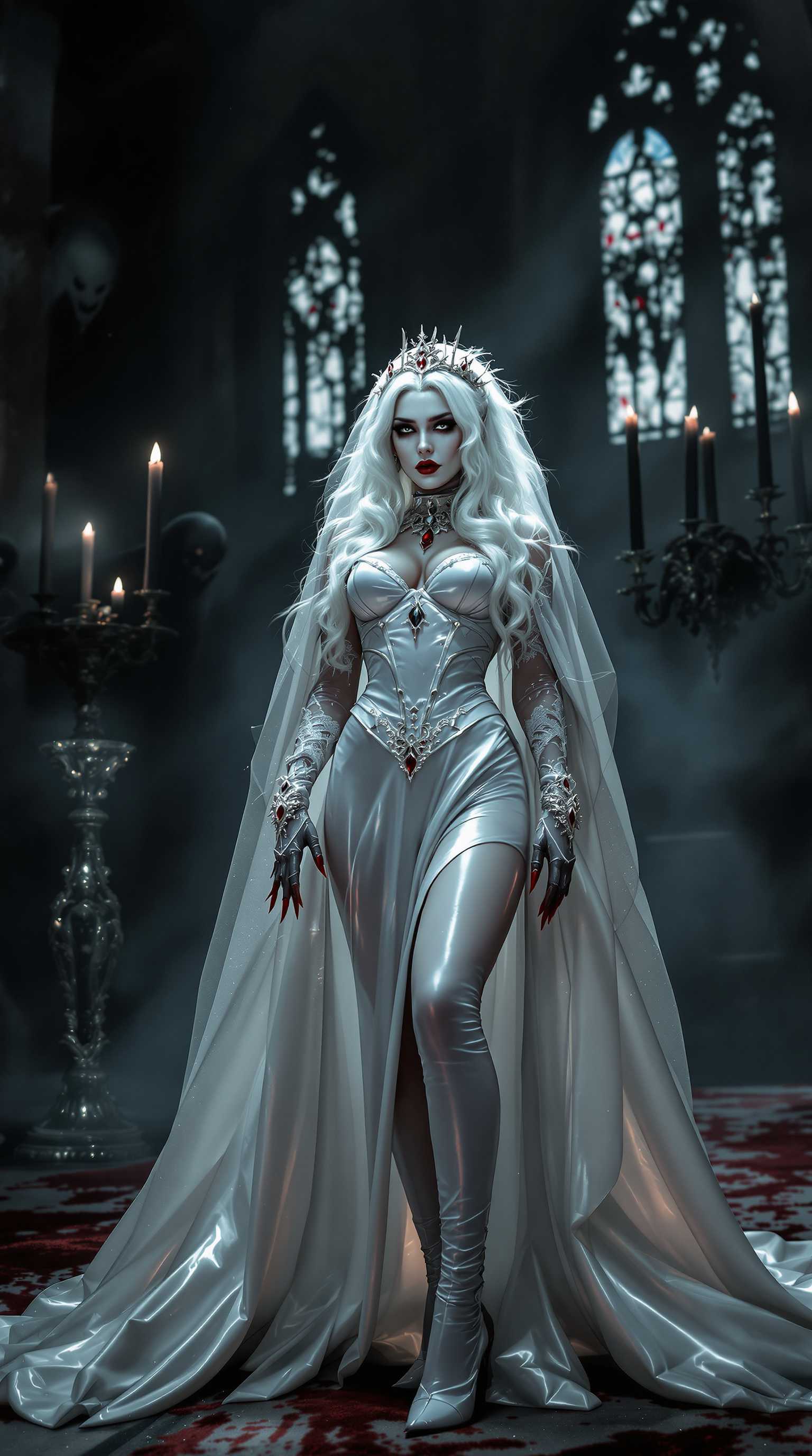 A striking vampire queen in her mid-20s stands dominantly at a desecrated altar in a midnight-dark, ruined cathedral, illuminated by the eerie, flickering glow of tall black candles in ornate candelabras. Her white hair cascades to her knees in thick, wild waves, framing a pale, haunting face with bold gothic makeup, shiny blood-red lips, and claw-length blood-red nails, while she wears a floor-length shiny white latex wedding gown with a corset, lace sleeves, veil, fingerless gloves, and thigh-high boots with 7-inch heels, adorned with elegant ruby and gold jewelry. Shadowy monsters loom ominously around her, their forms barely discernible in the haunting, cinematic lighting of this high-detail 8K DSLR photo, captured with a 50mm lens and shallow depth of field.