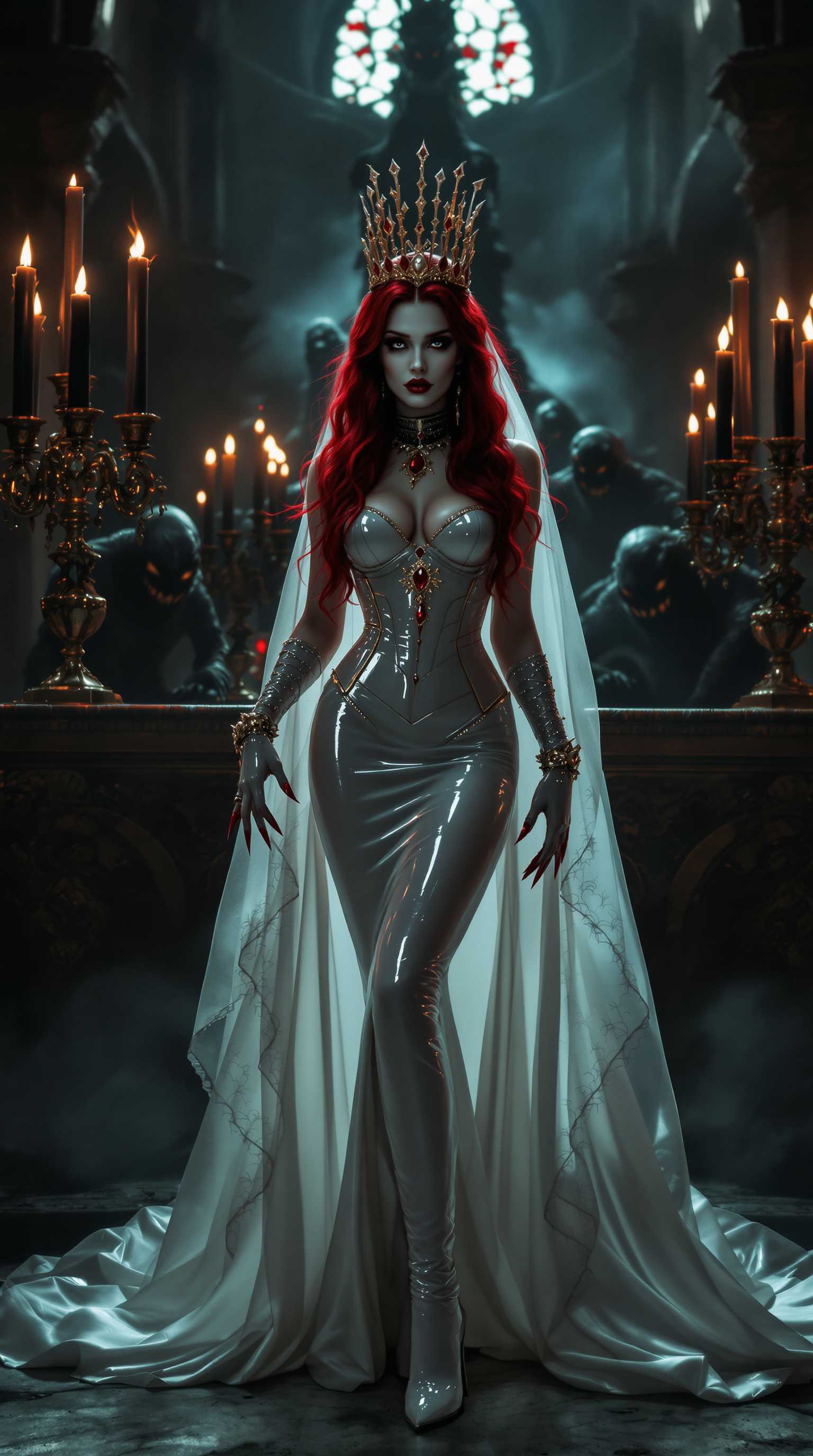 A striking vampire queen in her mid-20s stands dominantly at a desecrated altar in a midnight-dark, ruined cathedral, bathed in the eerie, flickering glow of tall black candles set in ornate candelabras. Her blood-red hair cascades to her knees in thick, wild waves, framing a pale, haunting face with bold gothic makeup, shiny blood-red lips, and claw-length blood-red nails, while she dons a floor-length shiny white latex wedding gown with a corset, lace sleeves, veil, fingerless gloves, and thigh-high boots with 7-inch heels, accented by elegant ruby and gold jewelry. Shadowy monsters loom ominously around her, their forms barely discernible in the haunting, cinematic lighting of this high-detail 8K DSLR photo, captured with a 50mm lens and shallow depth of field, emphasizing her commanding presence against the decaying, gothic backdrop.