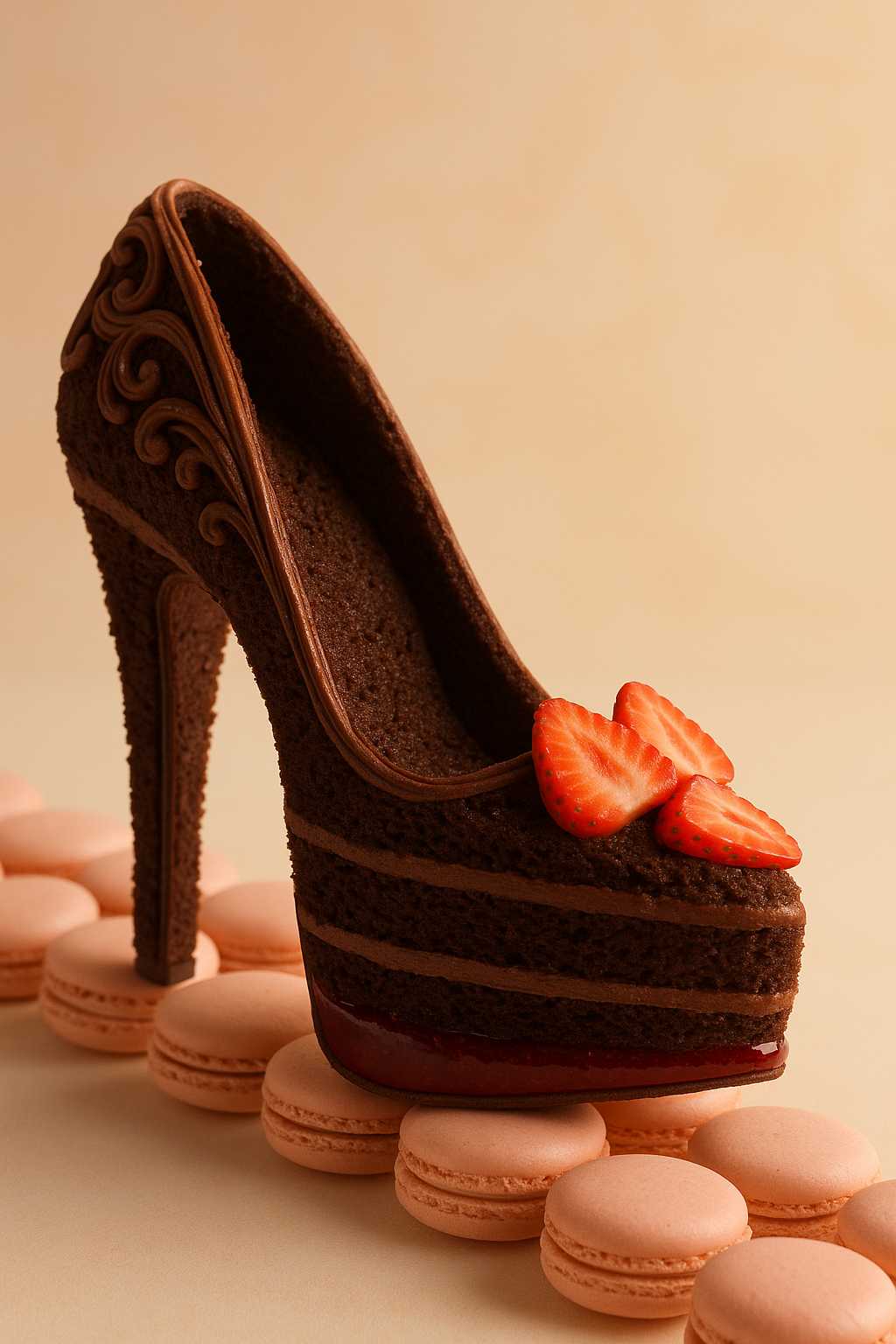 lazypos, Elegant high heel sculpted from chocolate cake layers, sole glazed with raspberry jelly, frosting piped along the heel like filigree, strawberry pieces on the toe, resting on a macaron runway, golden soft lighting, pastel palette
