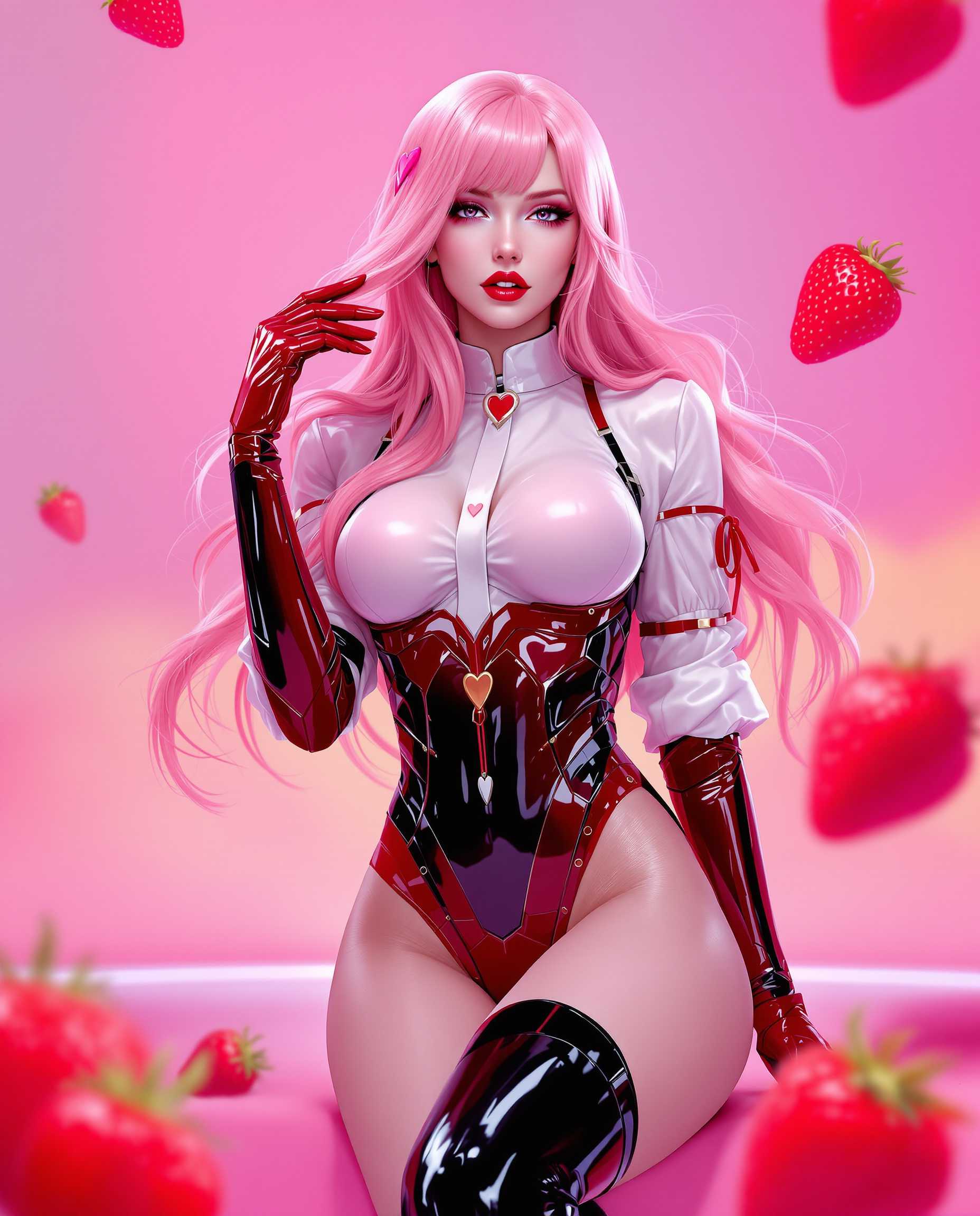 AI-generated image: A stunning, photorealistic digital painting of a female character with long, flowing pink hair and a
