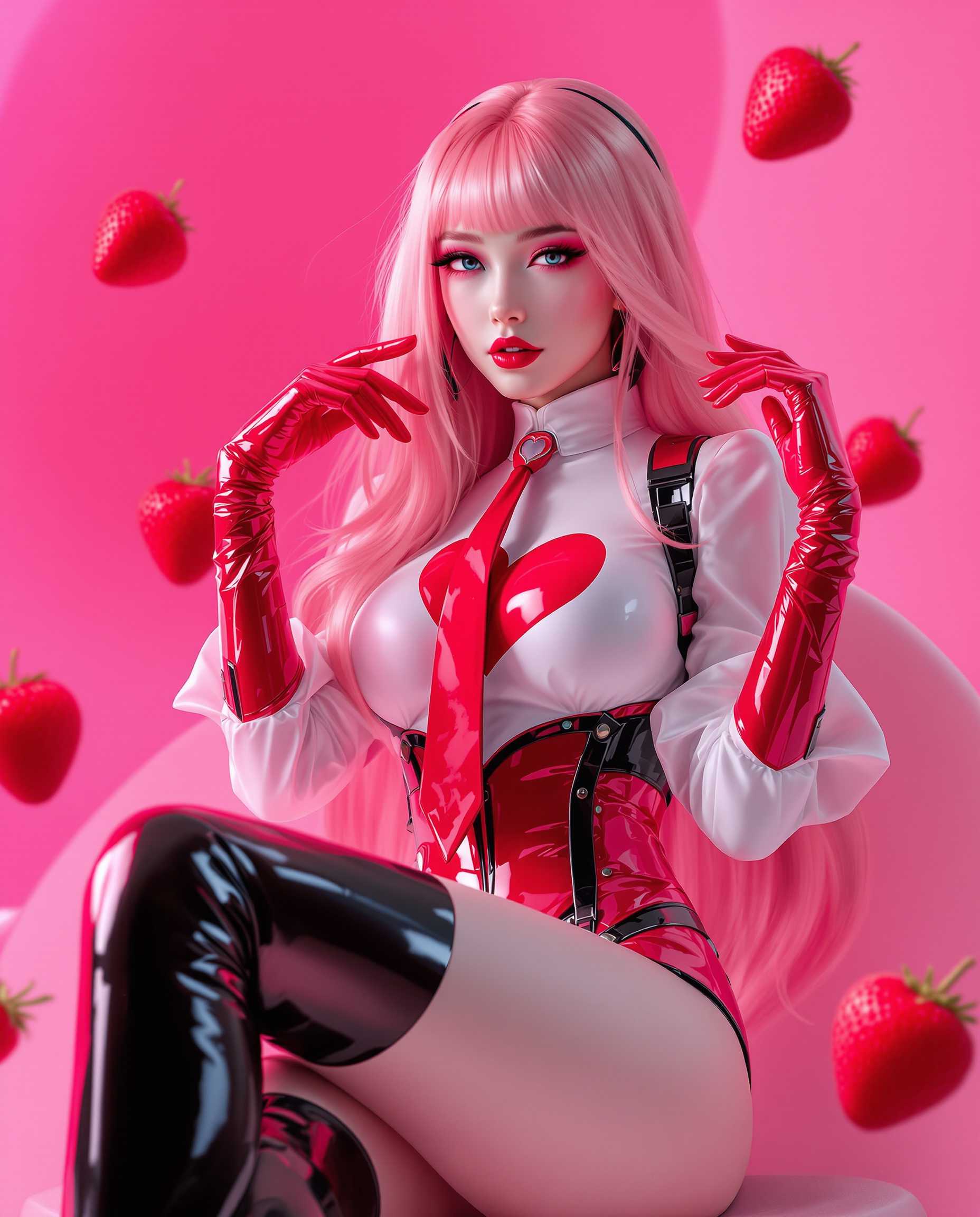 AI-generated image: A stunning, photo realistic of a female character with long, flowing pink hair and a pale complexion