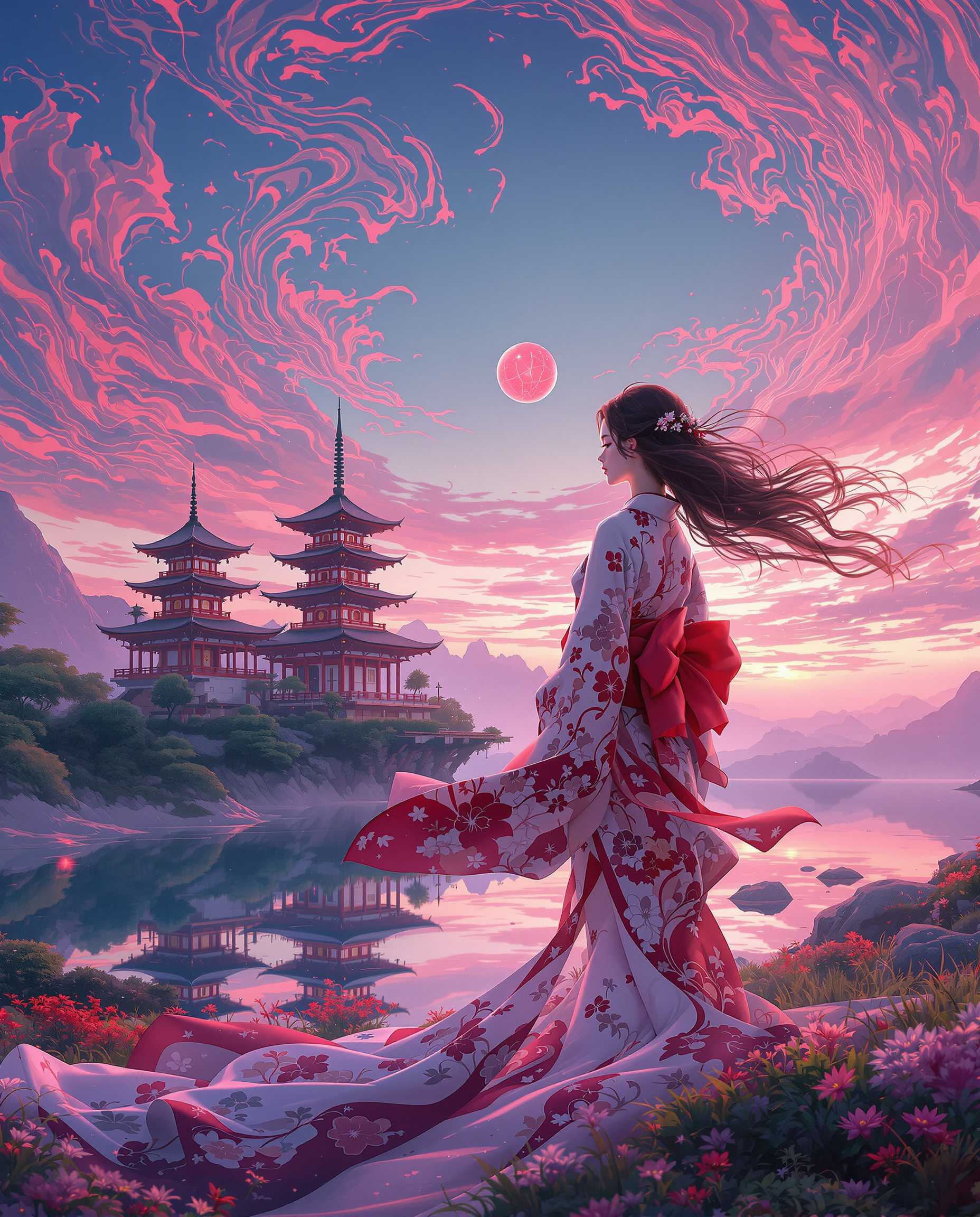 A breathtaking photorealistic digital painting of a female figure in a traditional Japanese kimono adorned with intricate floral patterns, captured from the waist down with her hair flowing dynamically, set against a dreamlike fantasy landscape. The scene showcases a multi-storied Japanese pagoda on a lush, elevated platform, mirrored in a serene body of water under a warm sunset sky painted in purples, blues, and pinks, with swirling red flame-like patterns and a mysterious red orb adding a mystical aura. Rendered with smooth color blending, cinematic lighting, and ArtStation-quality detail in 8K resolution, the composition radiates nostalgia and harmony.