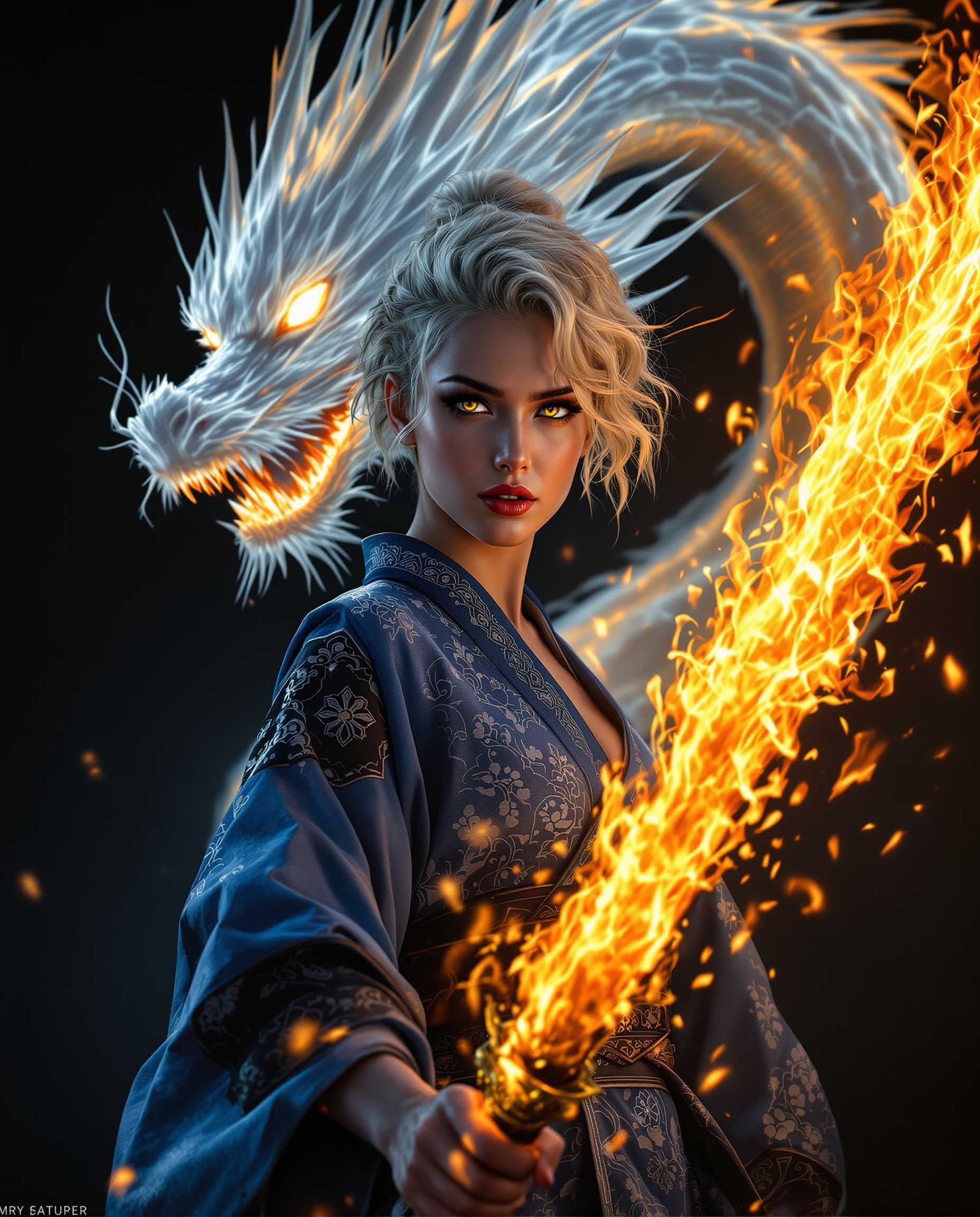 A stunning photorealistic portrait of a fierce female warrior, captured as if with a DSLR camera using a 50 mm lens, featuring shallow depth of field and cinematic lighting in 8K detail. She stands as the central figure with short, curly light blonde hair and piercing yellow eyes, clad in a flowing blue kimono with intricate black and white patterns, contrasted against a dark, near-black background. Behind her, a translucent white dragon of ethereal flames looms with glowing eyes, while she wields a blazing sword with brilliant orange, yellow, and red fire, creating a dynamic interplay of warm and cool tones under dramatic, shadowy illumination.