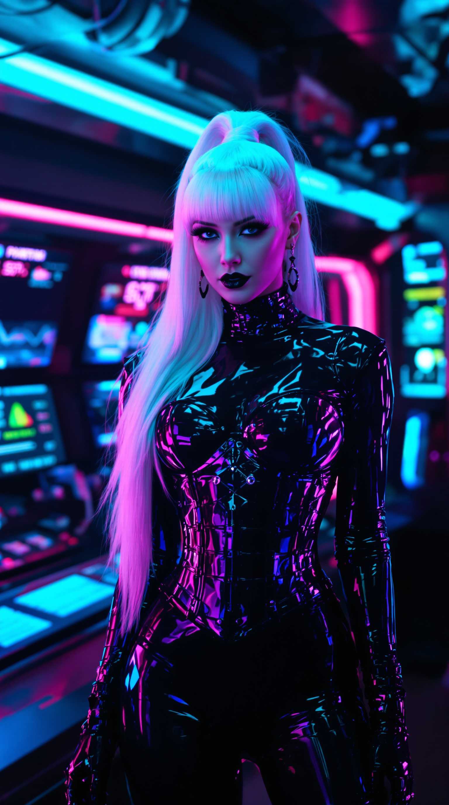 A striking woman stands confidently in a futuristic high-tech lab, surrounded by sleek neon lights casting vibrant cyan and magenta glows, and glowing monitors displaying holographic data. She wears a skintight, shiny ebony-black latex blouse, matching latex pants, a glossy black latex corset with intricate straps, wearing a Victorian-era style latex waistcoat, exuding a dark, gothic allure. Her long, stark white hair cascades down her back in a high ponytail, complemented by heavy gothic makeup and shiny black lipstick, captured in a cinematic DSLR shot with dramatic lighting and 8K detail.