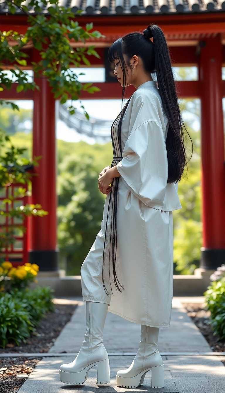 A striking mid-20s Japanese woman with long, ebony black hair styled in a high ponytail reaching her waist, complete with straight bangs, stands gracefully in the serene garden of a Shinto shrine. She wears a glossy white latex yukata that catches the light, paired with matching shiny white latex platform boots, 6 inches high, extending to her ankles. The scene is captured in a photorealistic style with soft natural lighting, vibrant greenery, and intricate 8K detail.