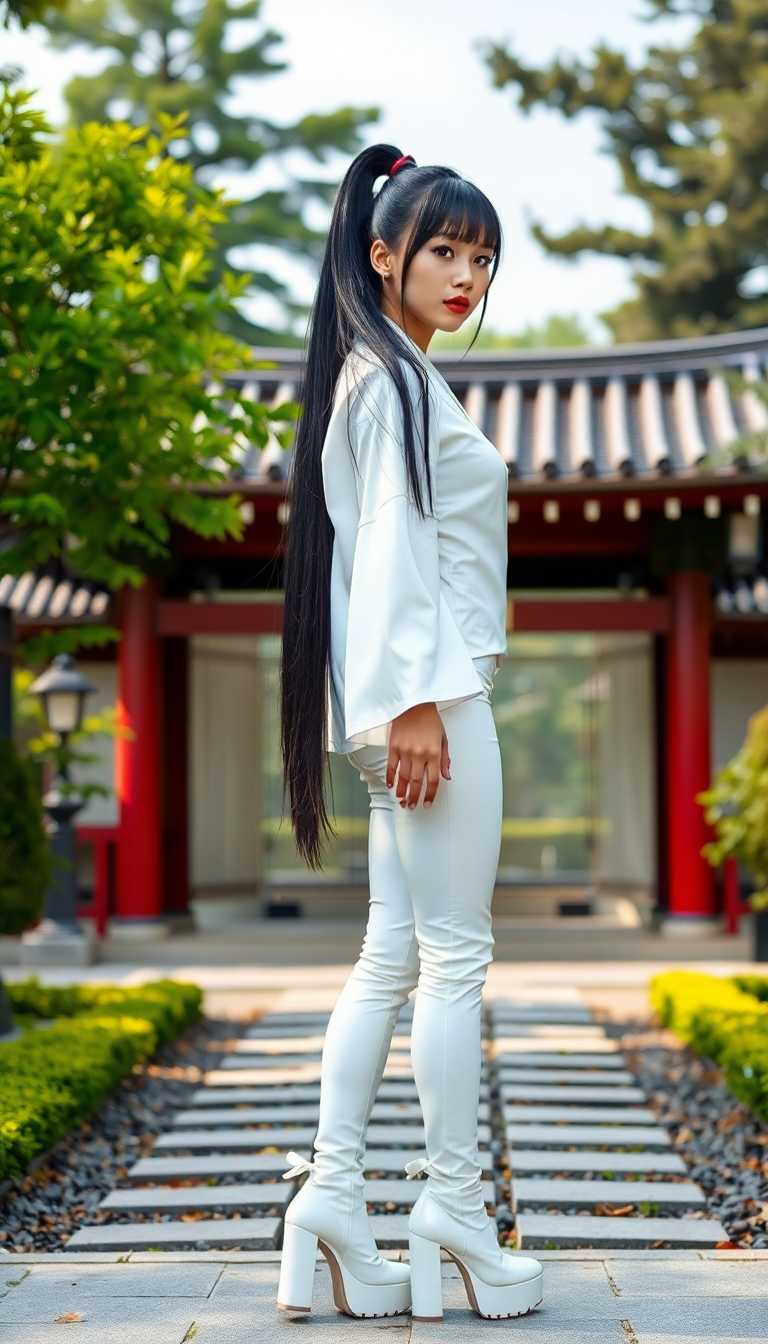 A striking mid-20s Japanese woman with long, ebony black hair styled in a high ponytail reaching her waist, complete with straight bangs, stands gracefully in the serene garden of a Shinto shrine. She wears a glossy white latex skintight yukata that catches the light, paired with matching shiny white latex platform boots, 6 inches high, extending to her ankles. The scene is captured in a photorealistic style with soft natural lighting, vibrant greenery, and intricate 8K detail.