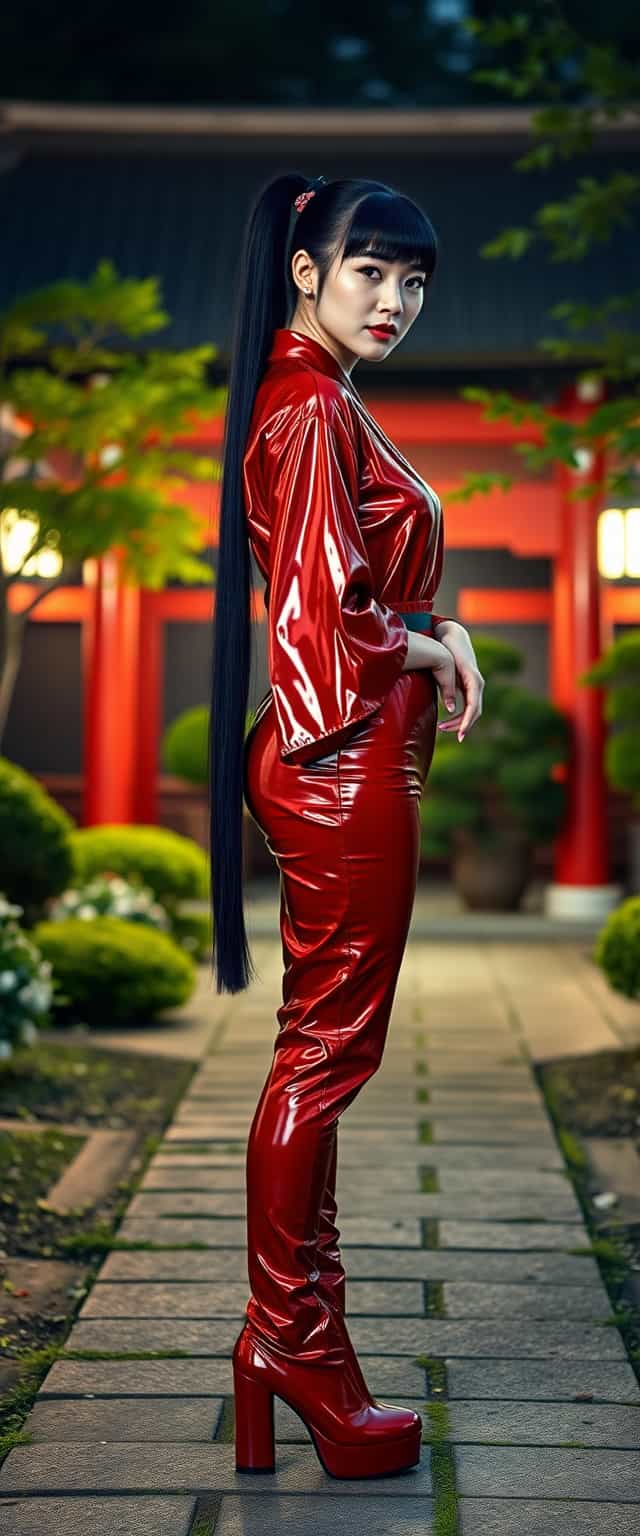 A striking mid-20s Japanese woman with long, ebony black hair in a high ponytail reaching her waist, complemented by straight bangs, stands gracefully in the serene garden of a Shinto shrine during the midnight hour. She wears a glossy crimson latex skintight yukata that reflects the soft, warm natural lighting, paired with matching shiny crimson latex platform boots, 6 inches high, extending to her ankles. Captured in photorealistic detail with a DSLR camera, 50 mm lens, shallow depth of field, vibrant greenery, intricate 8K resolution, and cinematic tones, the scene radiates tranquility and elegance.